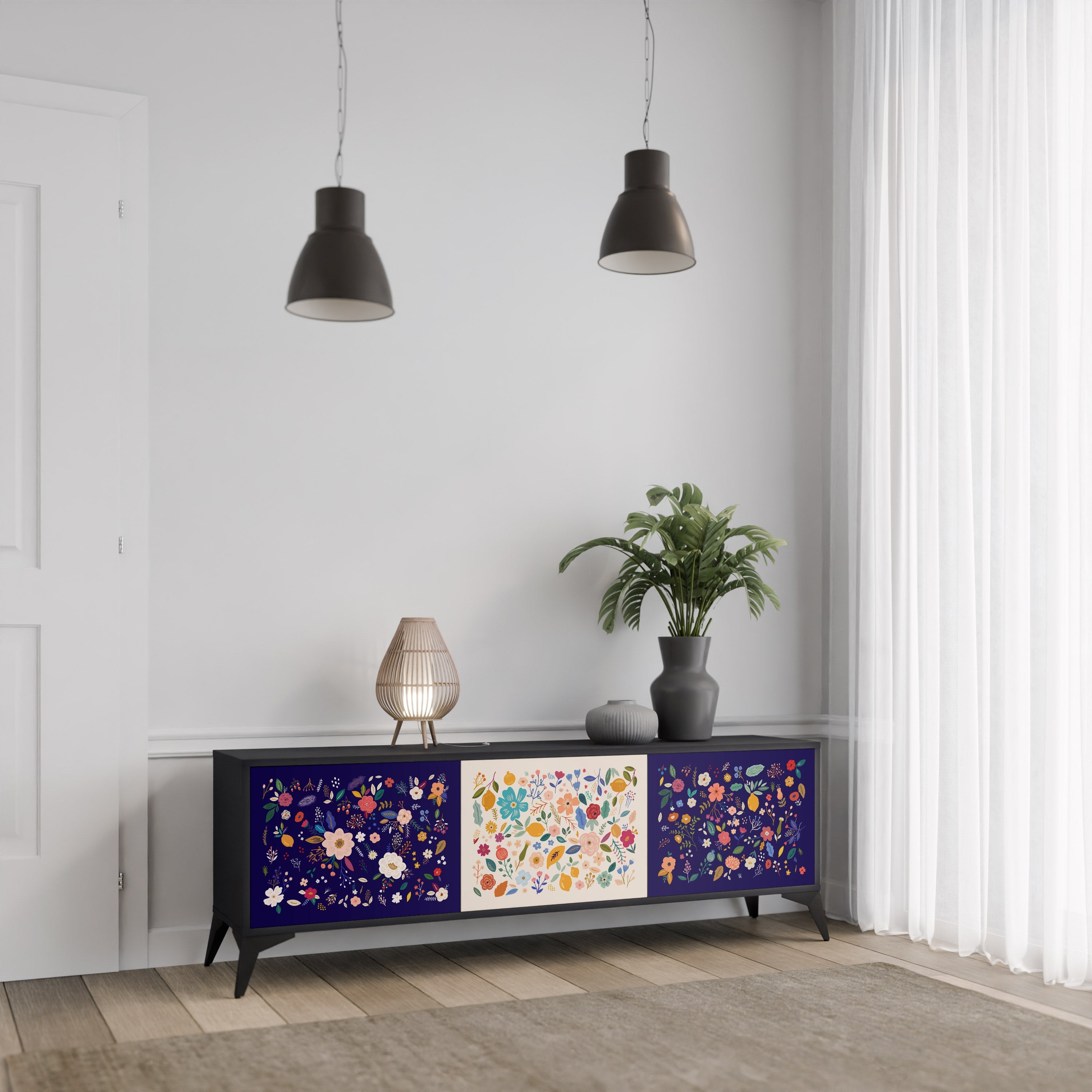 Meuble TV 3 portes FLORAL COMBINATION, finition noire