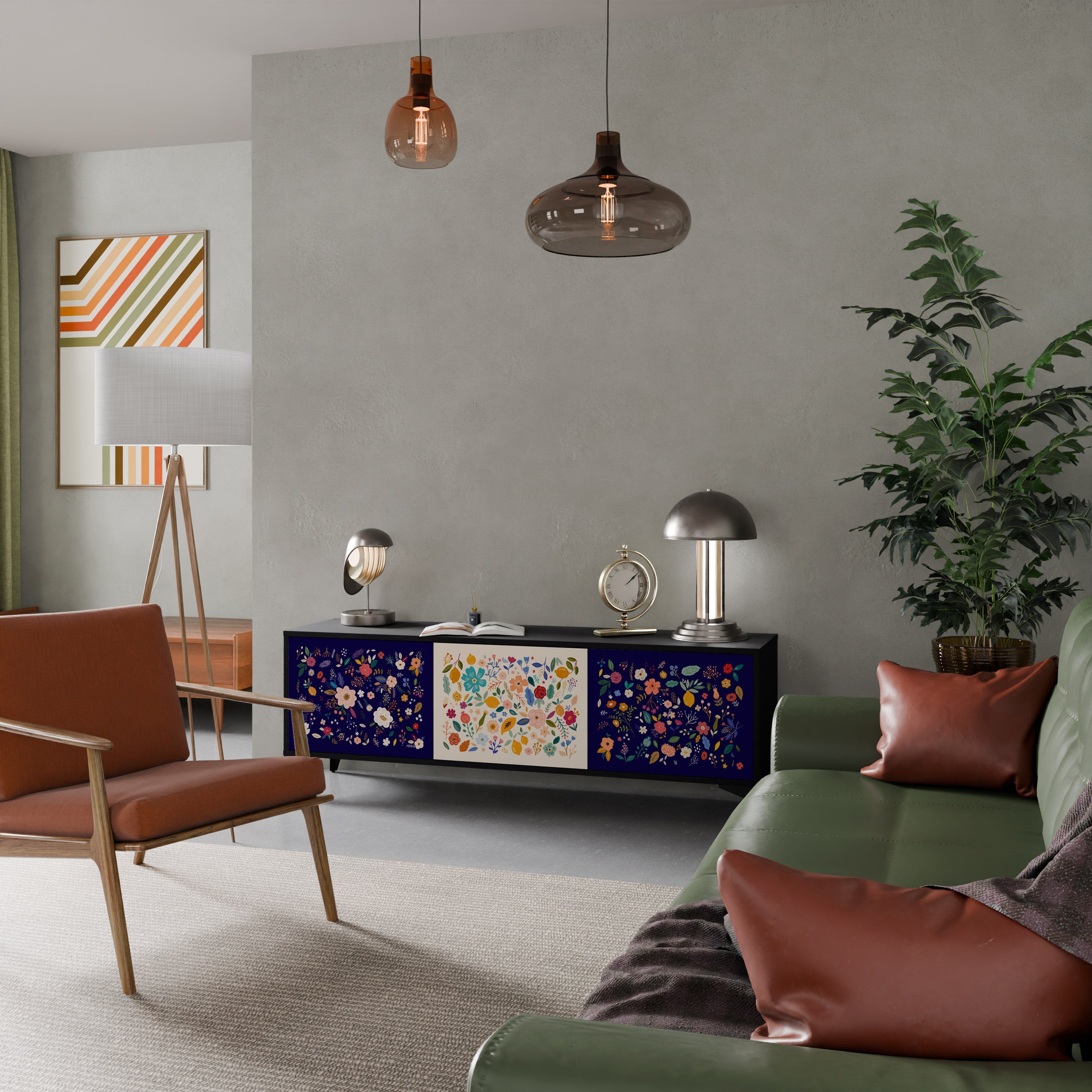 Meuble TV 3 portes FLORAL COMBINATION, finition noire