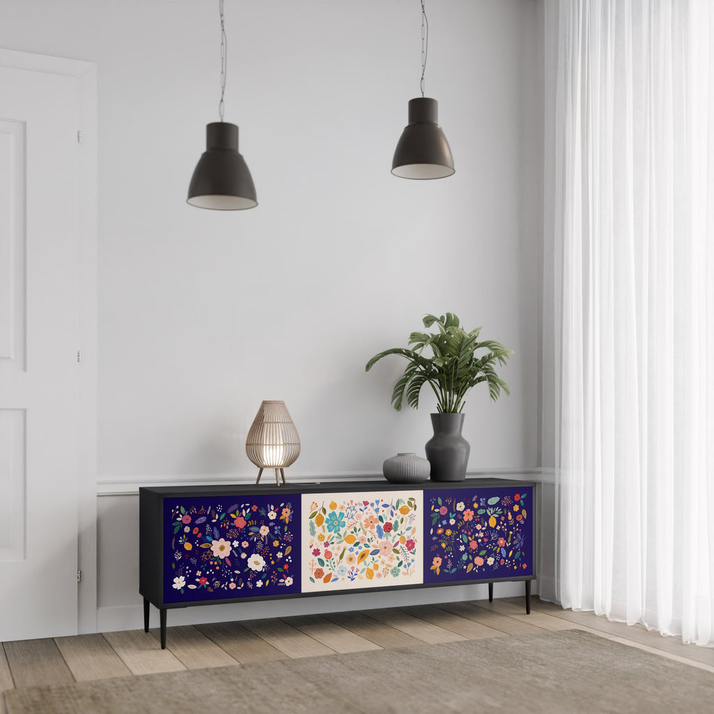 Meuble TV 3 portes FLORAL COMBINATION, finition noire