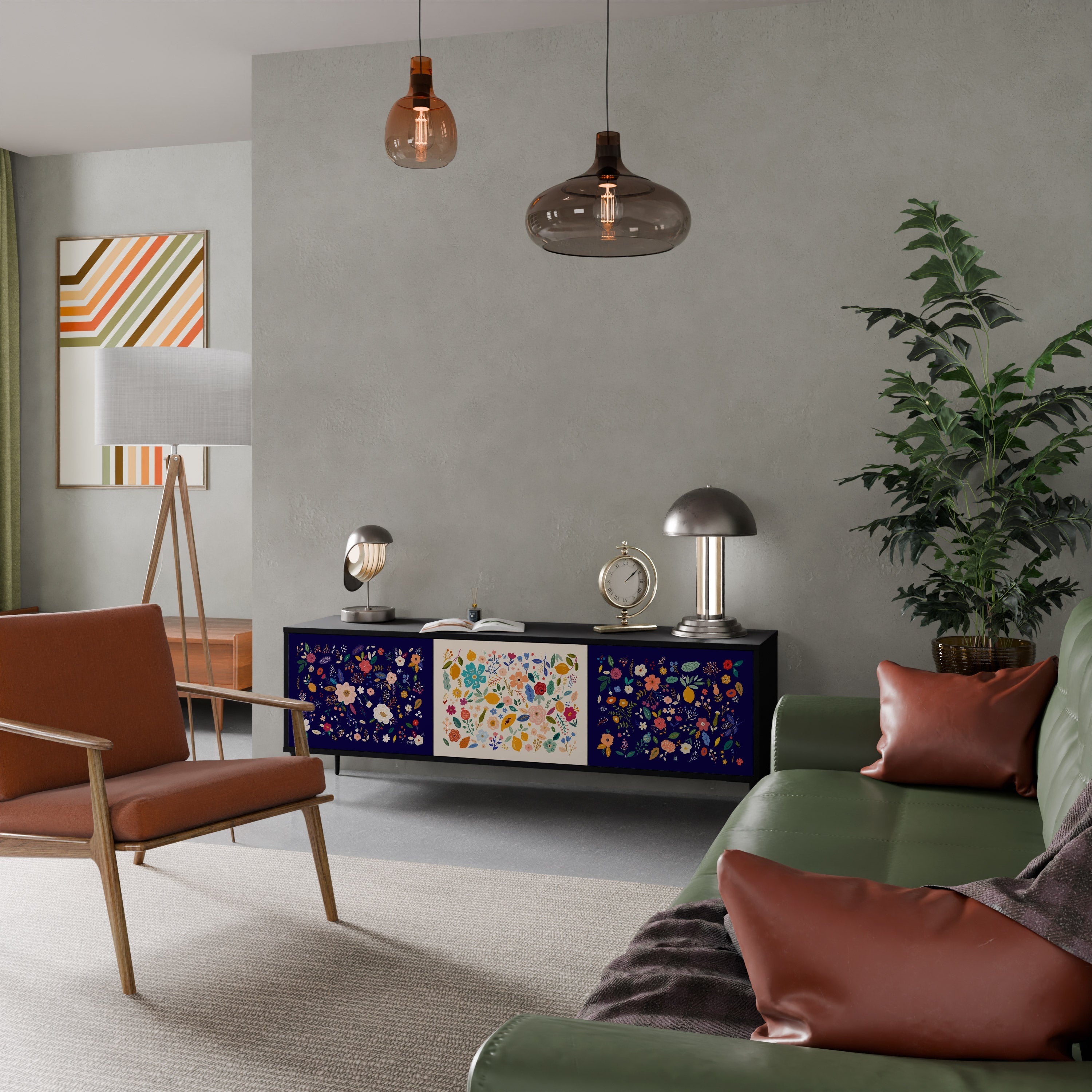 Meuble TV 3 portes FLORAL COMBINATION, finition noire