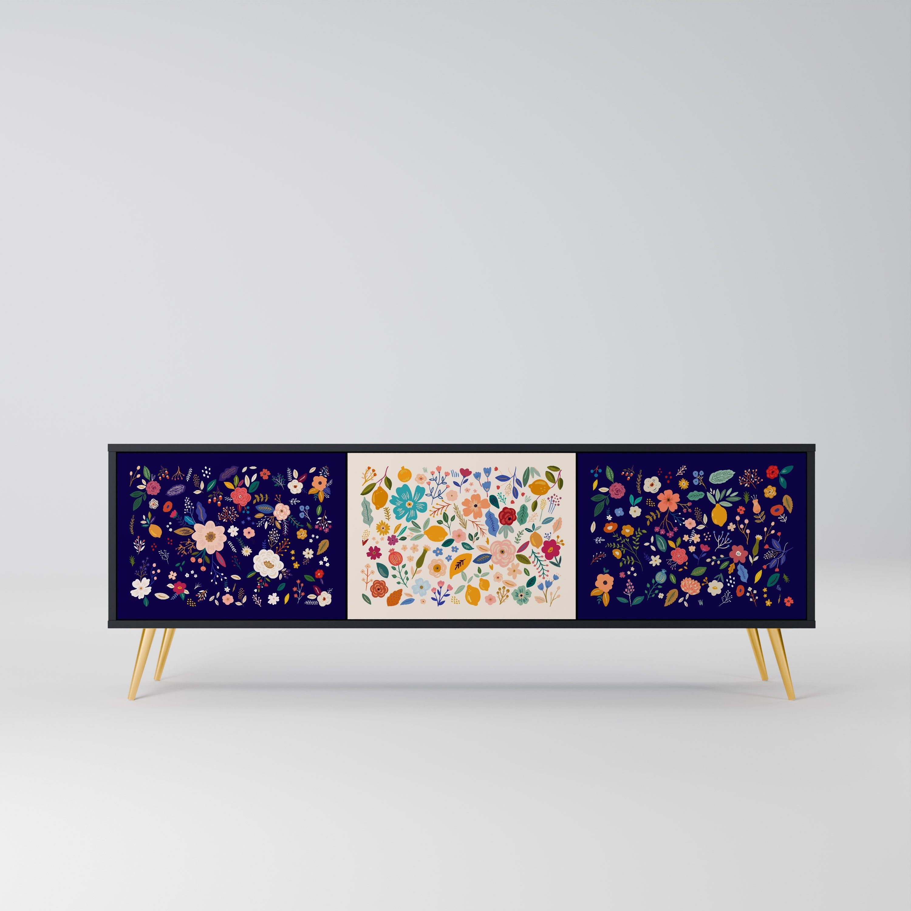 Meuble TV 3 portes FLORAL COMBINATION, finition noire