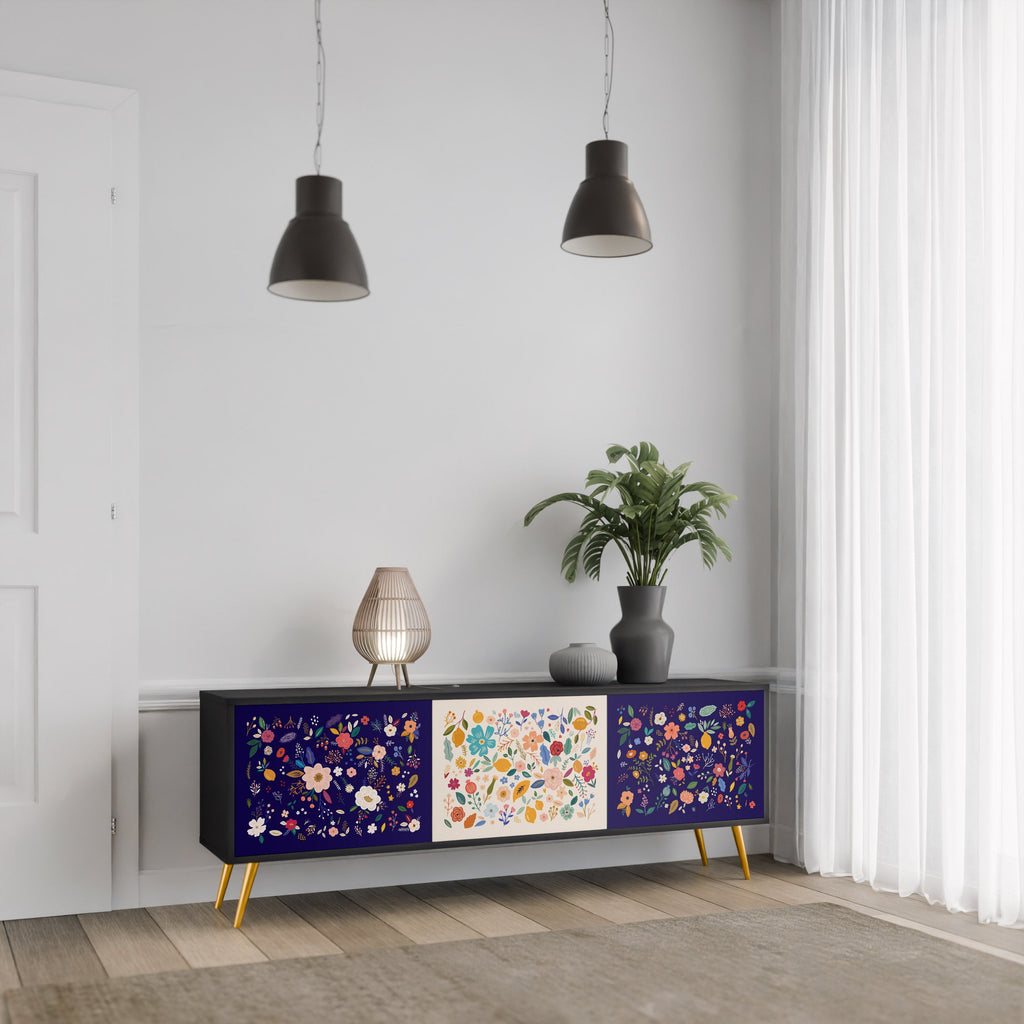 Meuble TV 3 portes FLORAL COMBINATION, finition noire