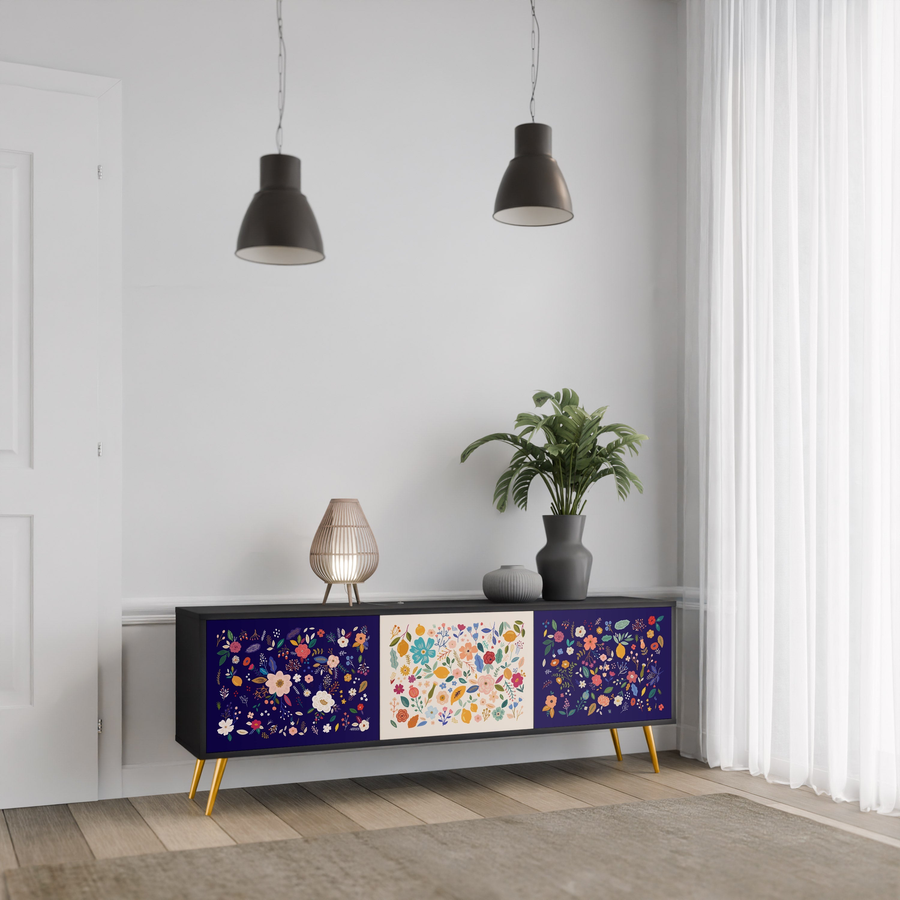 Meuble TV 3 portes FLORAL COMBINATION, finition noire