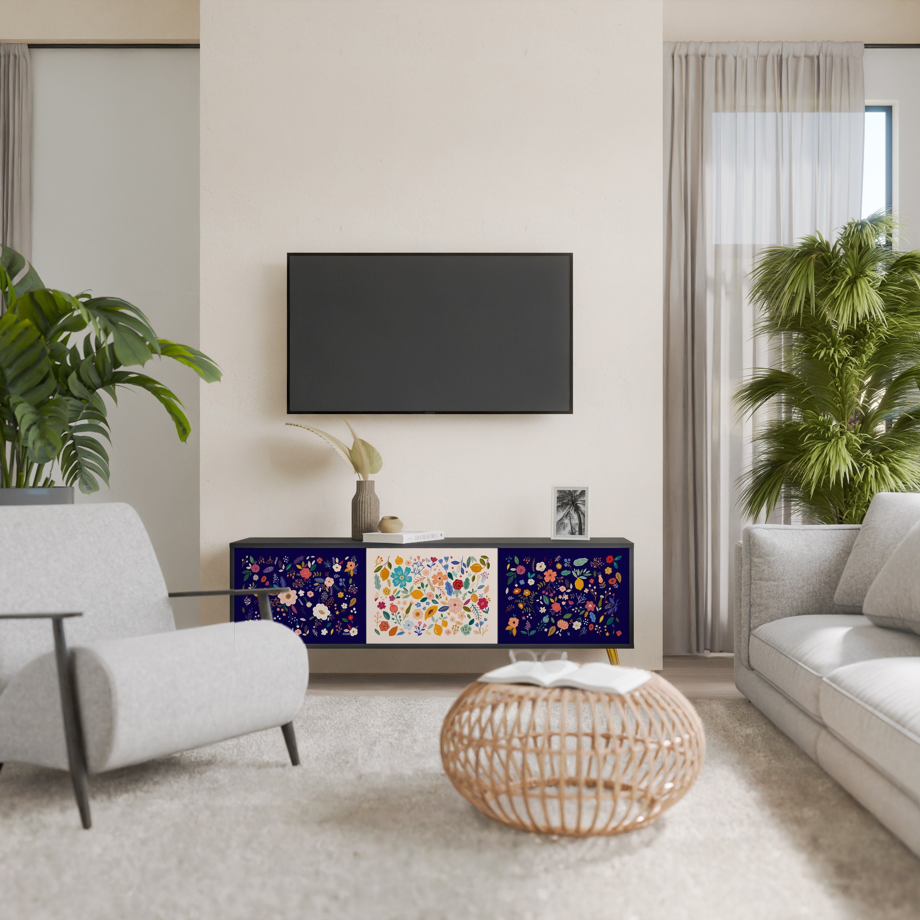 Meuble TV 3 portes FLORAL COMBINATION, finition noire