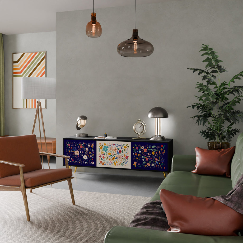 Meuble TV 3 portes FLORAL COMBINATION, finition noire