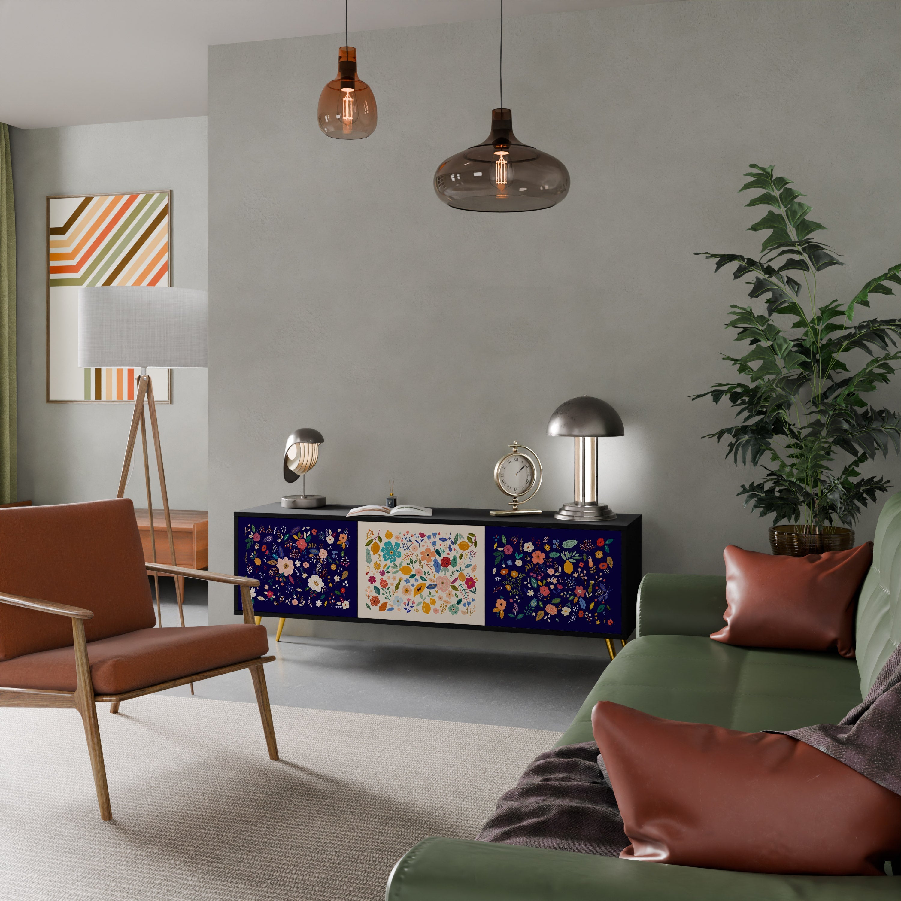 Meuble TV 3 portes FLORAL COMBINATION, finition noire