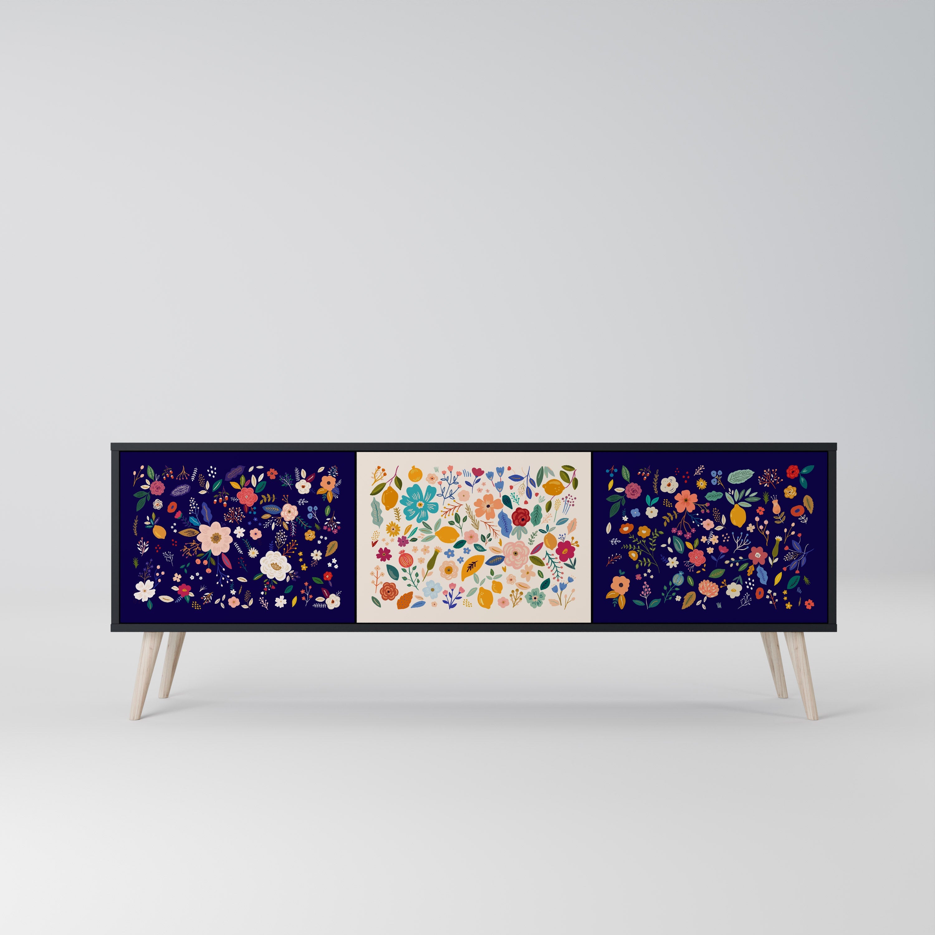 Meuble TV 3 portes FLORAL COMBINATION, finition noire