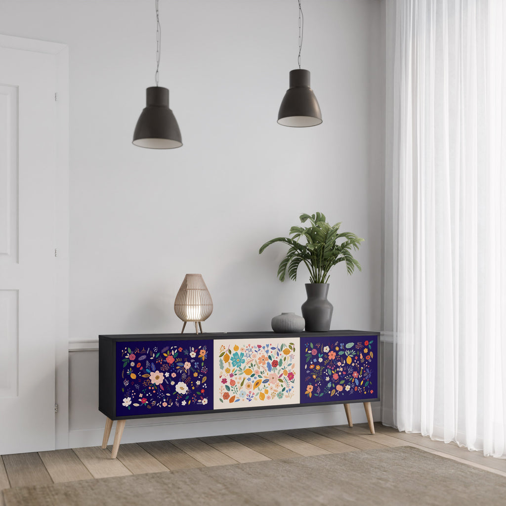 Meuble TV 3 portes FLORAL COMBINATION, finition noire