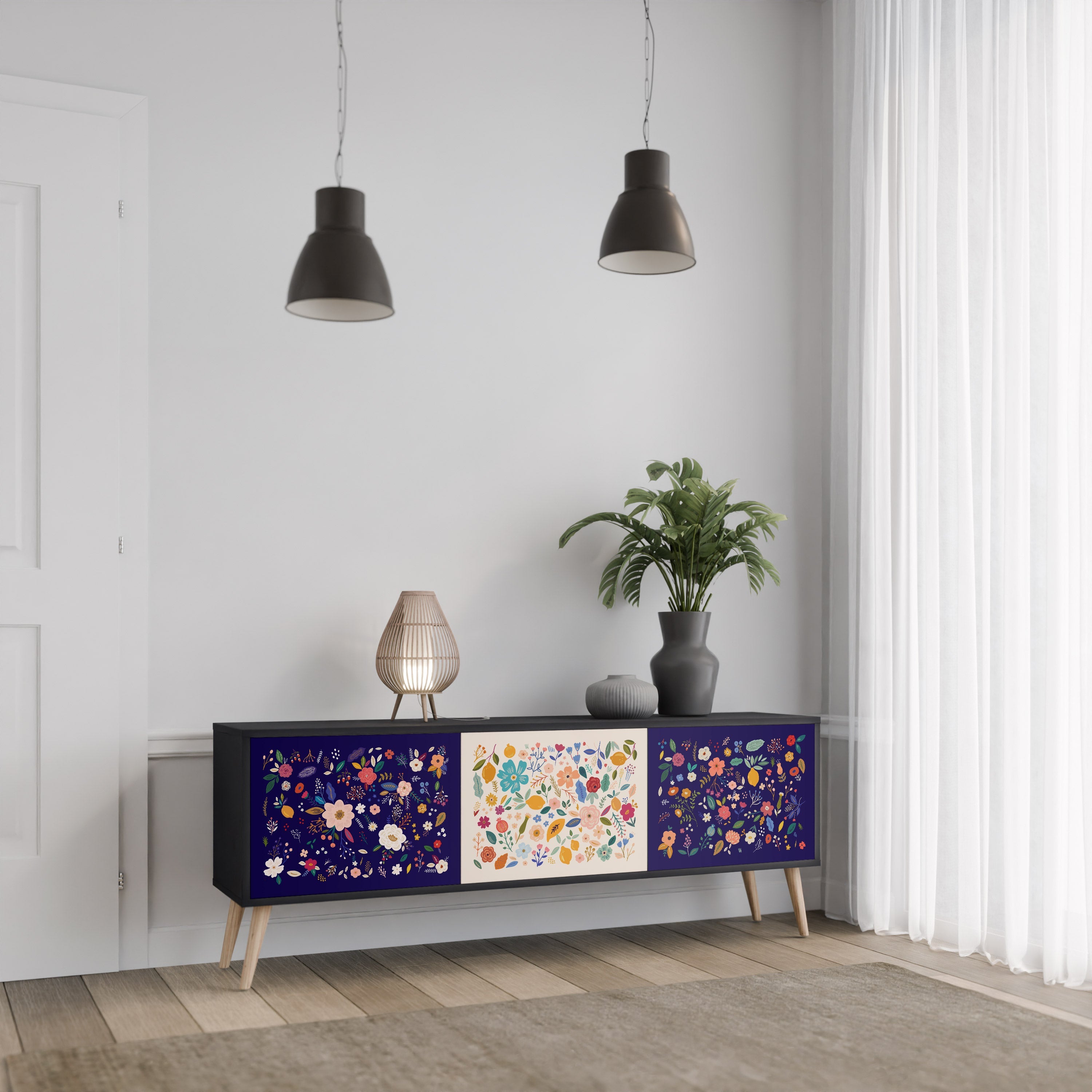 Meuble TV 3 portes FLORAL COMBINATION, finition noire