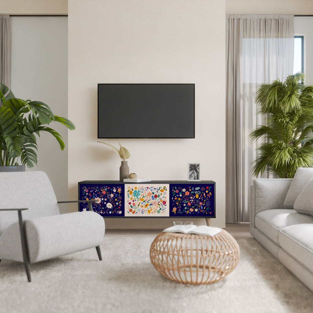 Meuble TV 3 portes FLORAL COMBINATION, finition noire