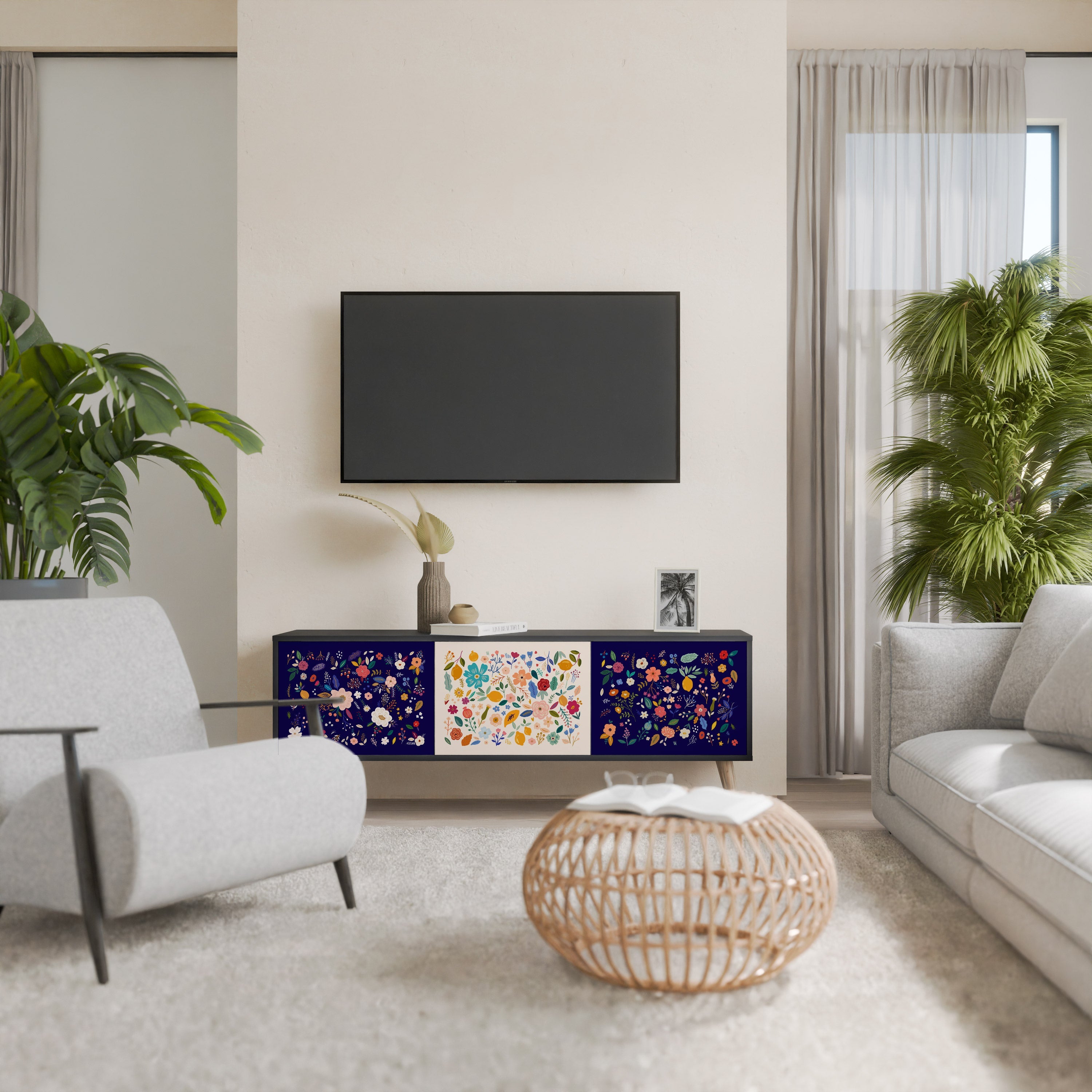 Meuble TV 3 portes FLORAL COMBINATION, finition noire