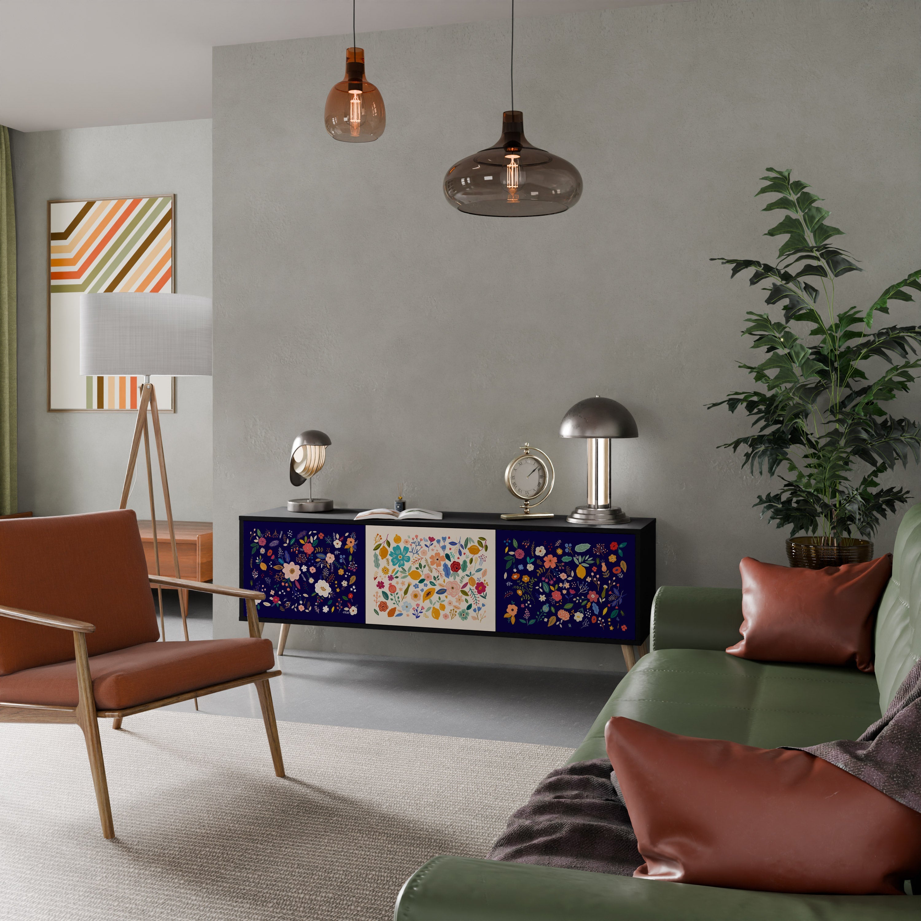 Meuble TV 3 portes FLORAL COMBINATION, finition noire