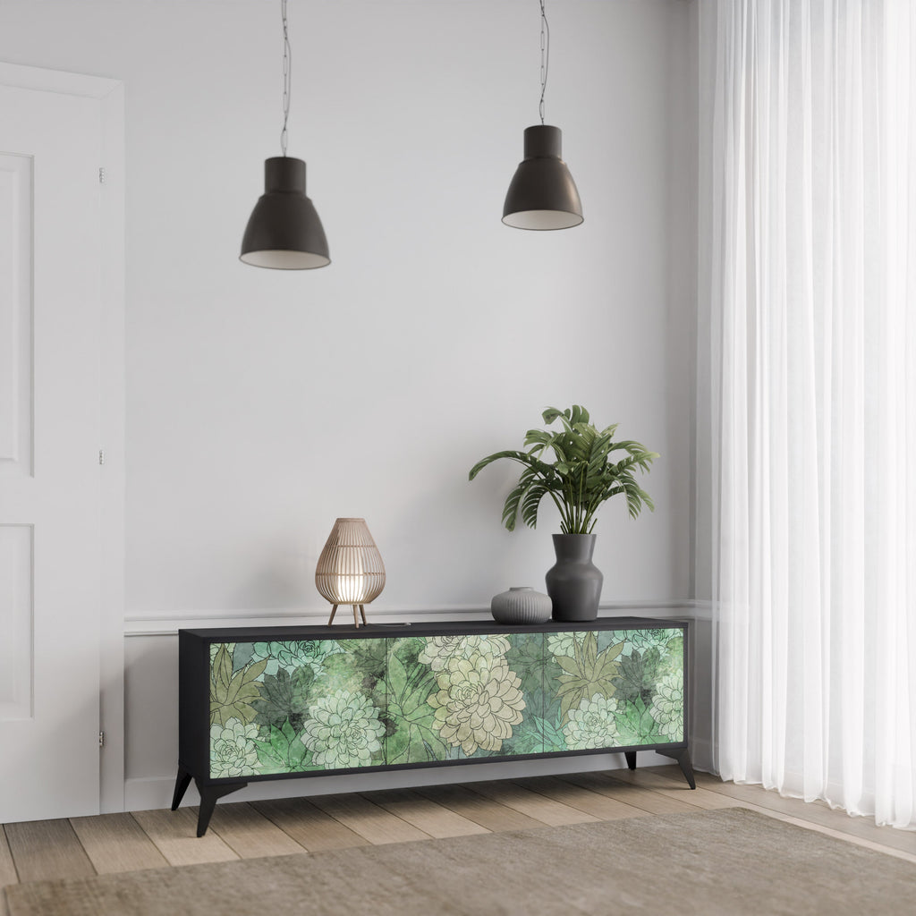 Meuble TV 3 portes SUCCULENT CLUSTER, finition noire