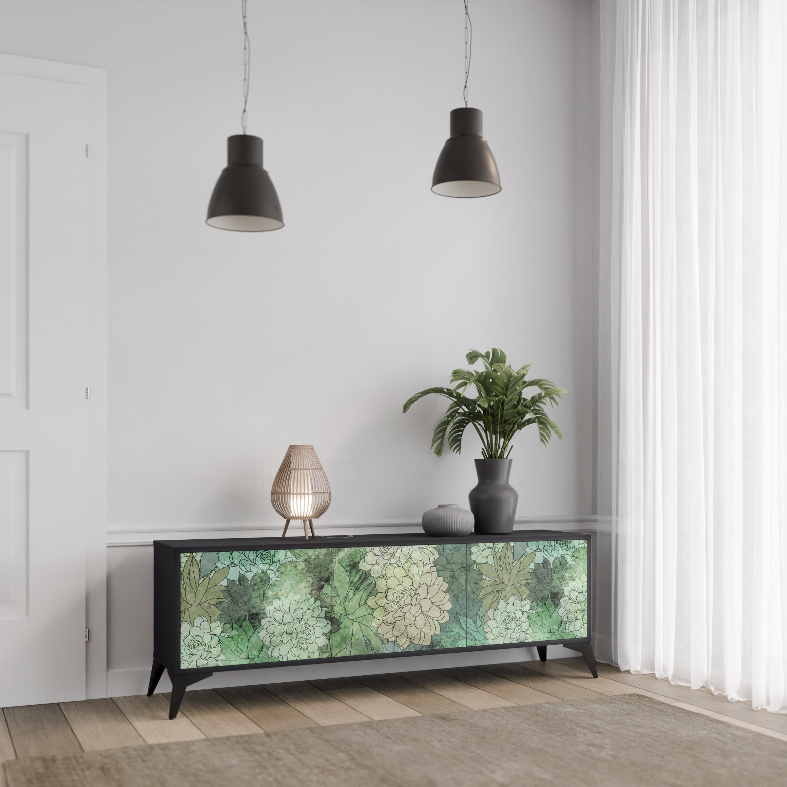 Meuble TV 3 portes SUCCULENT CLUSTER, finition noire