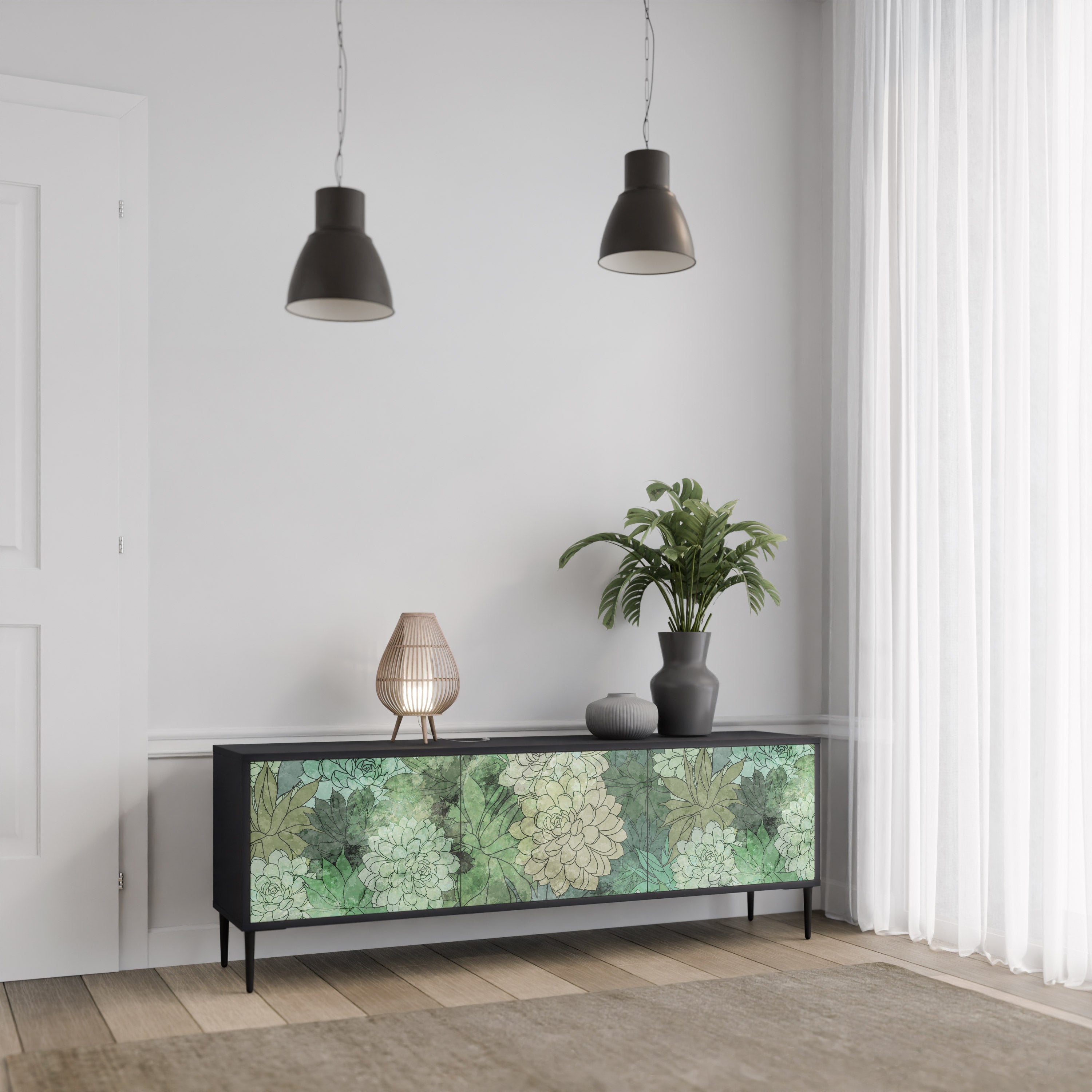 Meuble TV 3 portes SUCCULENT CLUSTER, finition noire