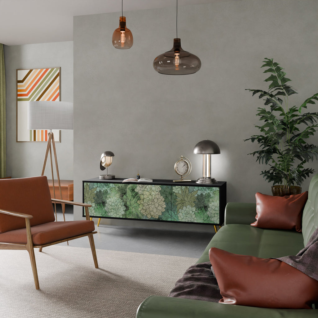 Meuble TV 3 portes SUCCULENT CLUSTER, finition noire