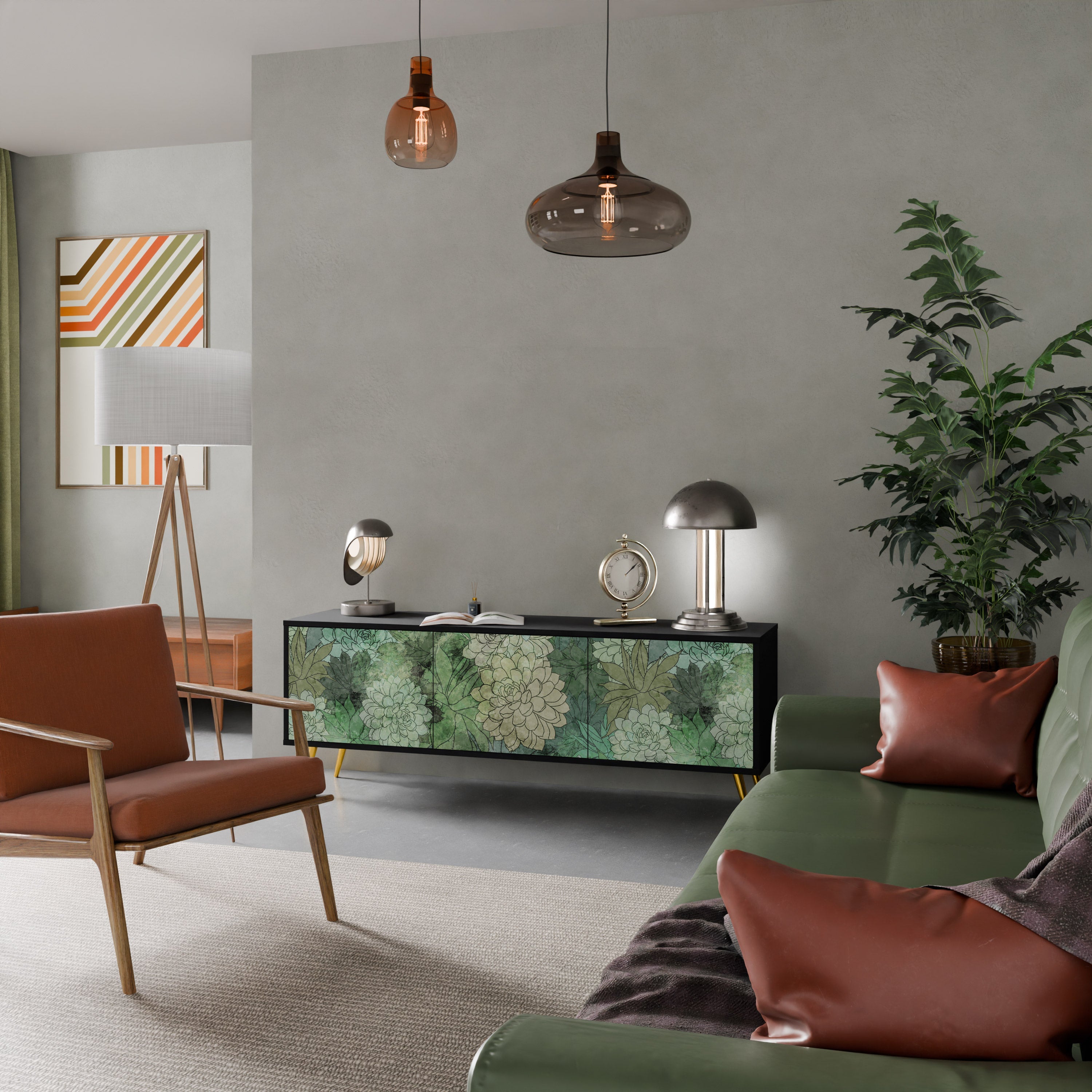 Meuble TV 3 portes SUCCULENT CLUSTER, finition noire