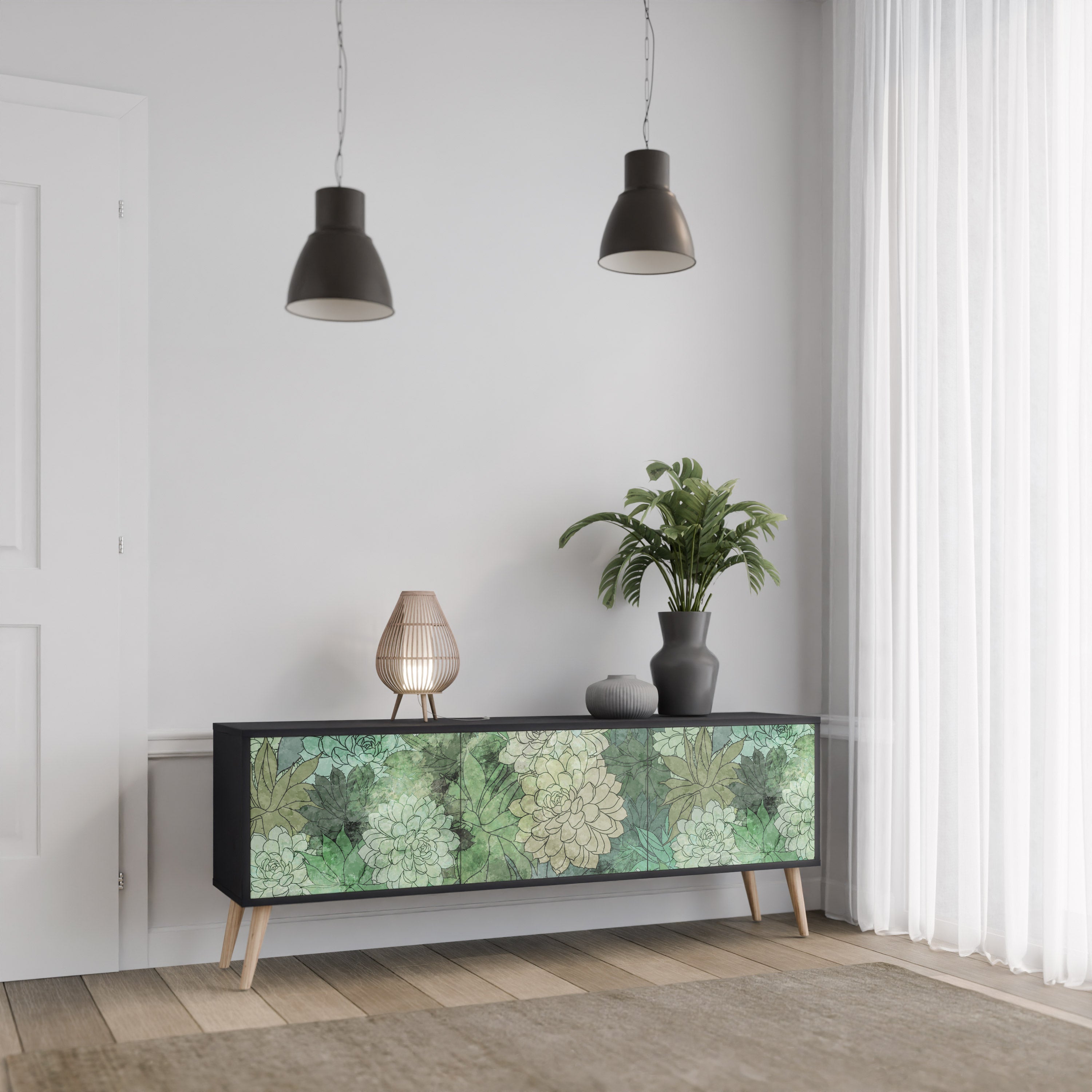 Meuble TV 3 portes SUCCULENT CLUSTER, finition noire