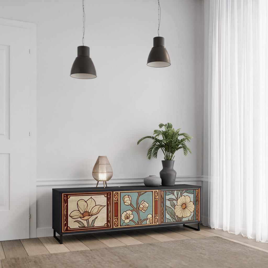 Meuble TV 3 portes TIMELESS FLORA finition noire