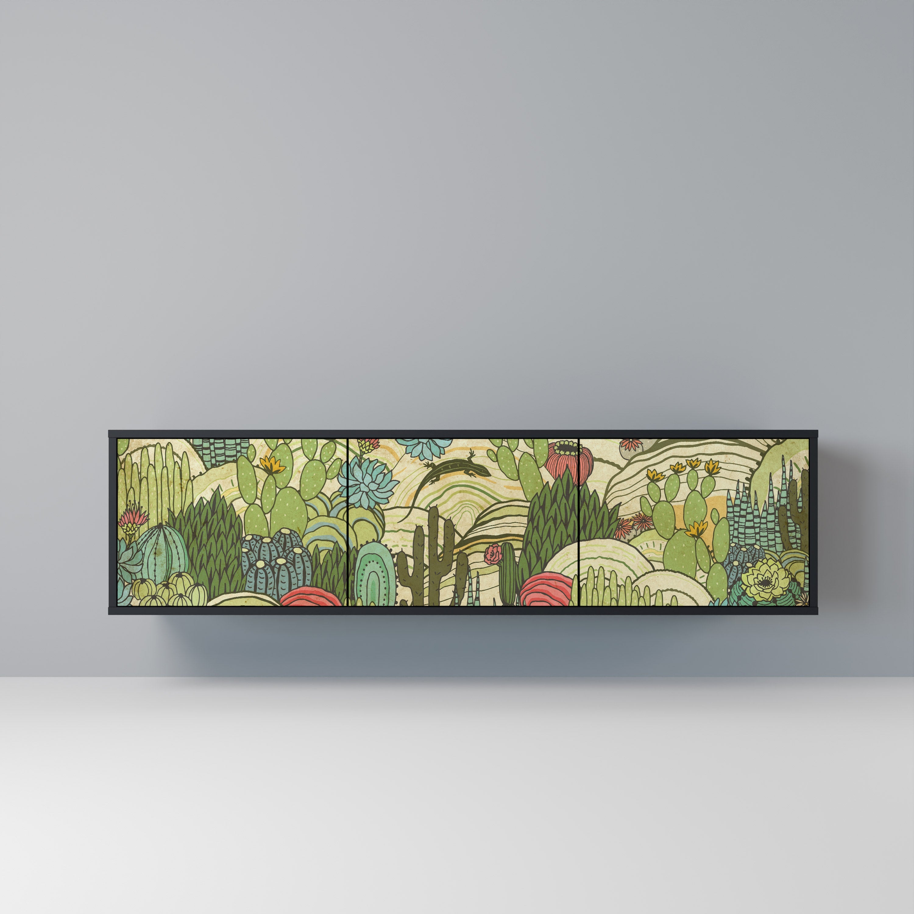 Meuble TV 3 portes SUCCULENTS KALEIDOSCOPE finition noire