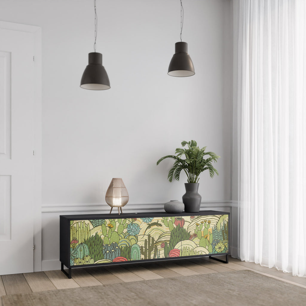 Meuble TV 3 portes SUCCULENTS KALEIDOSCOPE finition noire