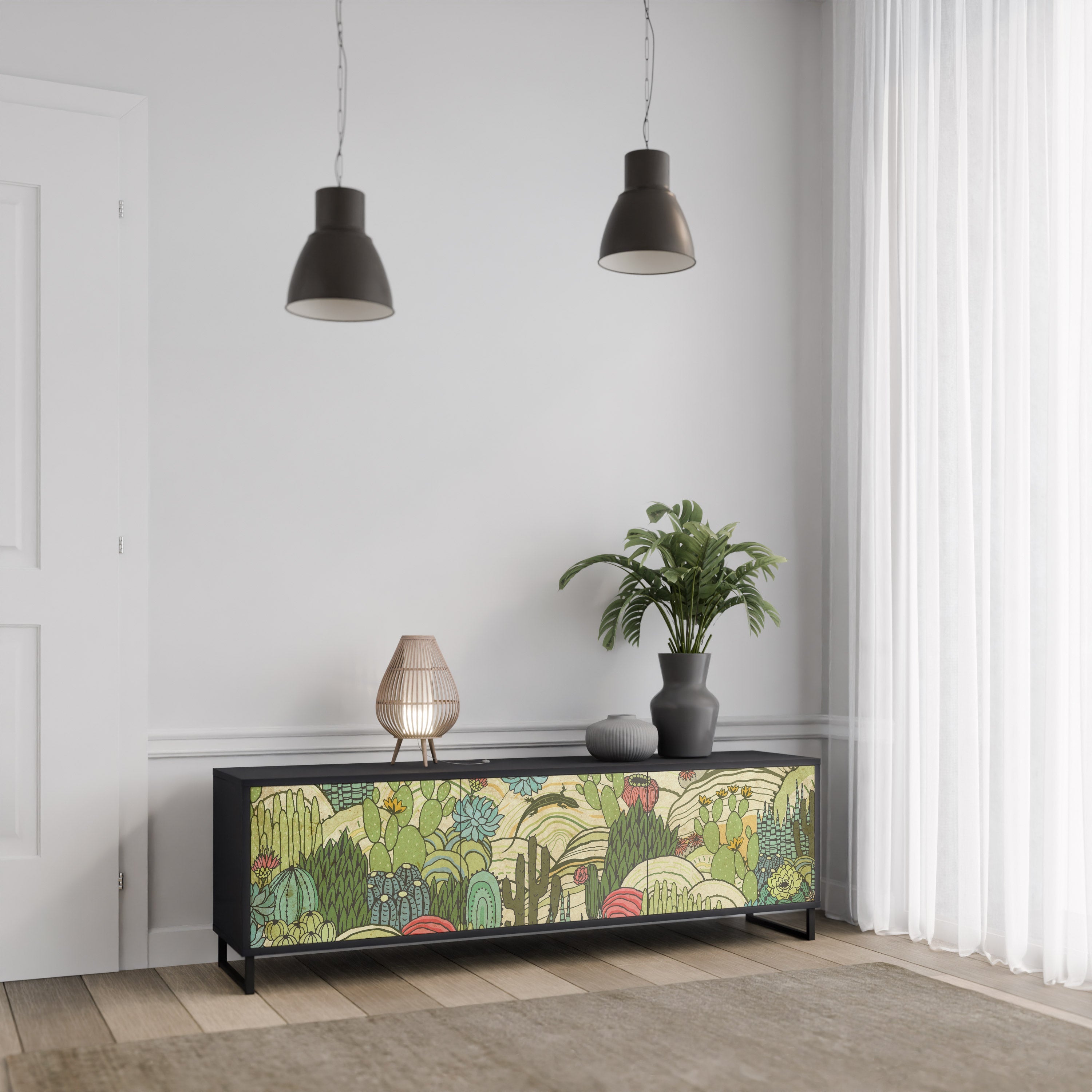 Meuble TV 3 portes SUCCULENTS KALEIDOSCOPE finition noire