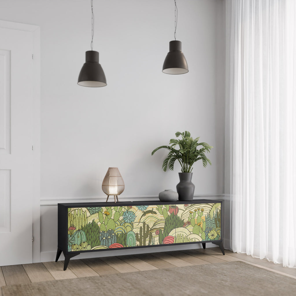 Meuble TV 3 portes SUCCULENTS KALEIDOSCOPE finition noire