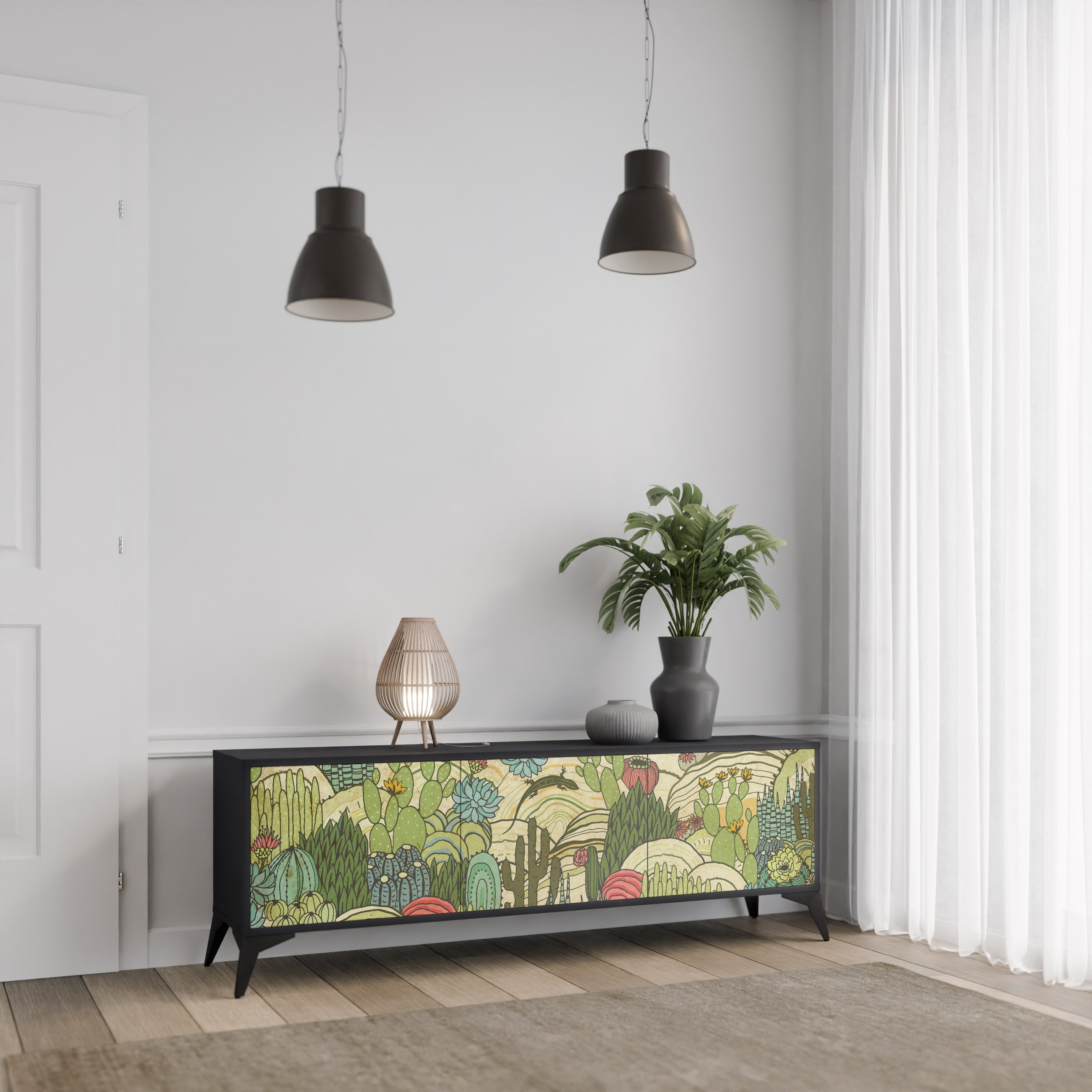 Meuble TV 3 portes SUCCULENTS KALEIDOSCOPE finition noire