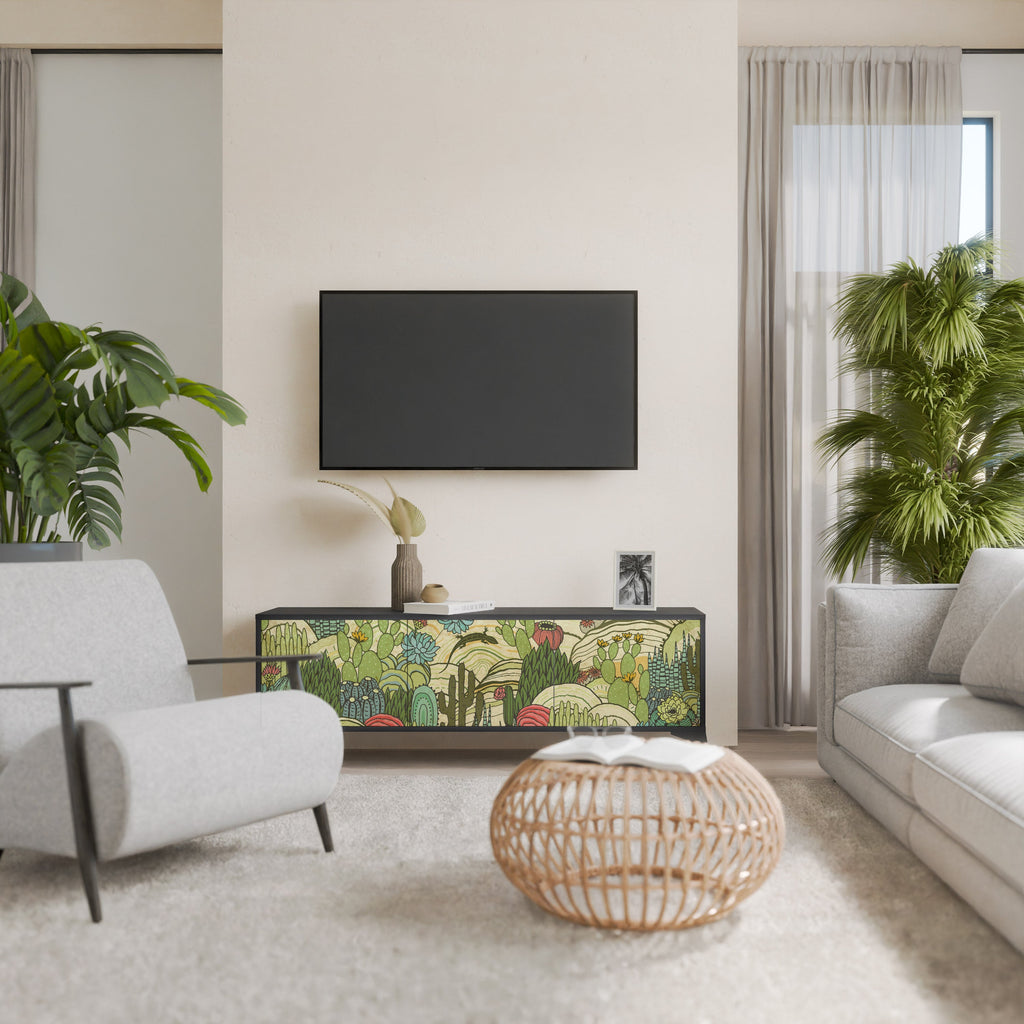 Meuble TV 3 portes SUCCULENTS KALEIDOSCOPE finition noire