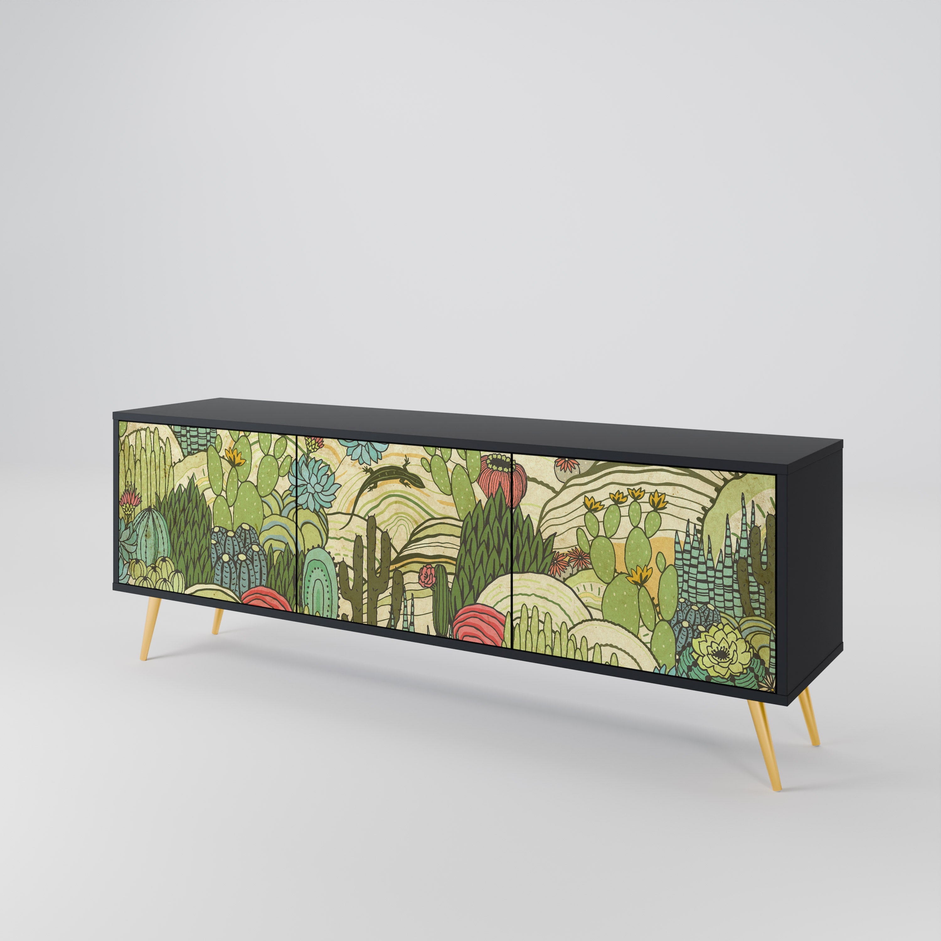 Meuble TV 3 portes SUCCULENTS KALEIDOSCOPE finition noire