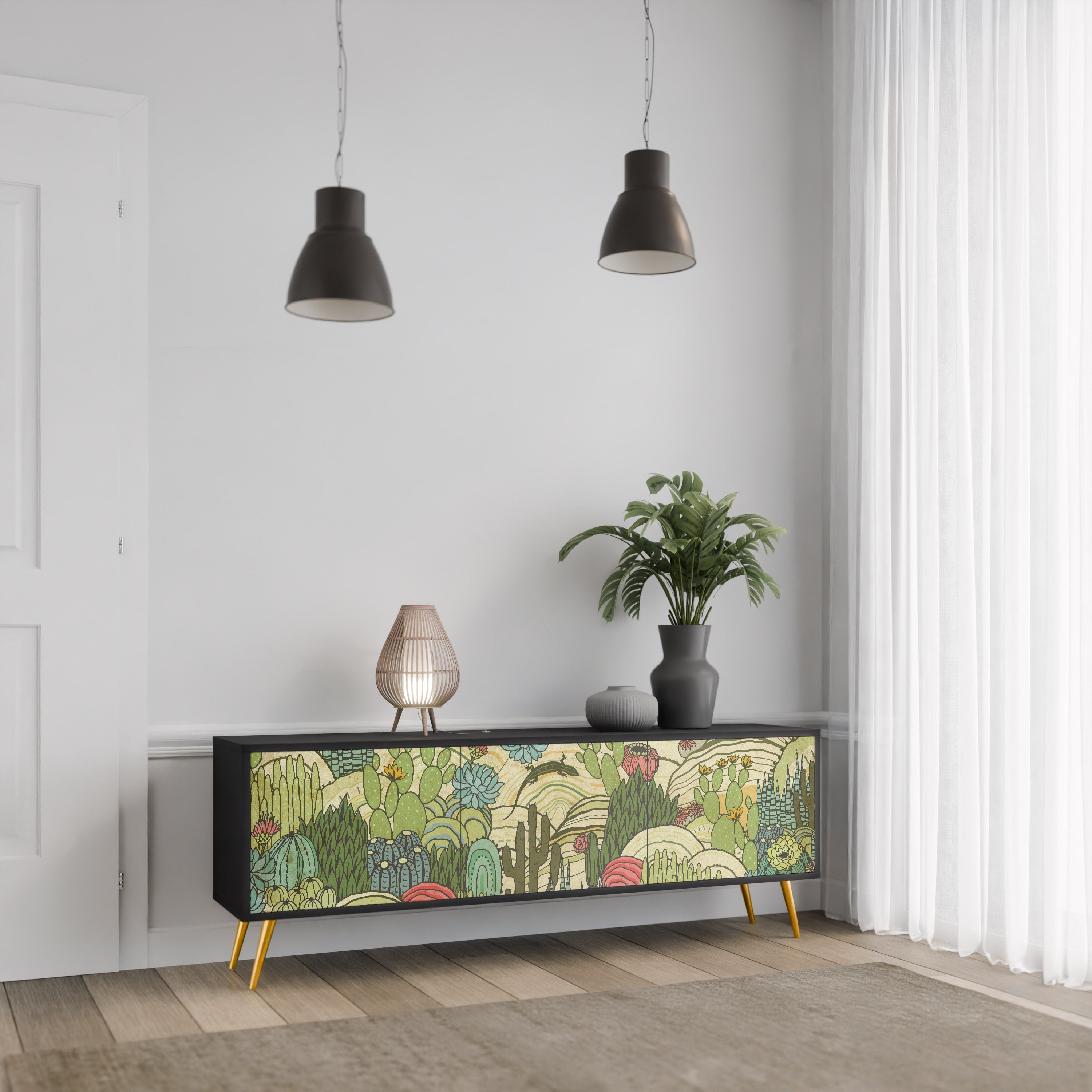 Meuble TV 3 portes SUCCULENTS KALEIDOSCOPE finition noire