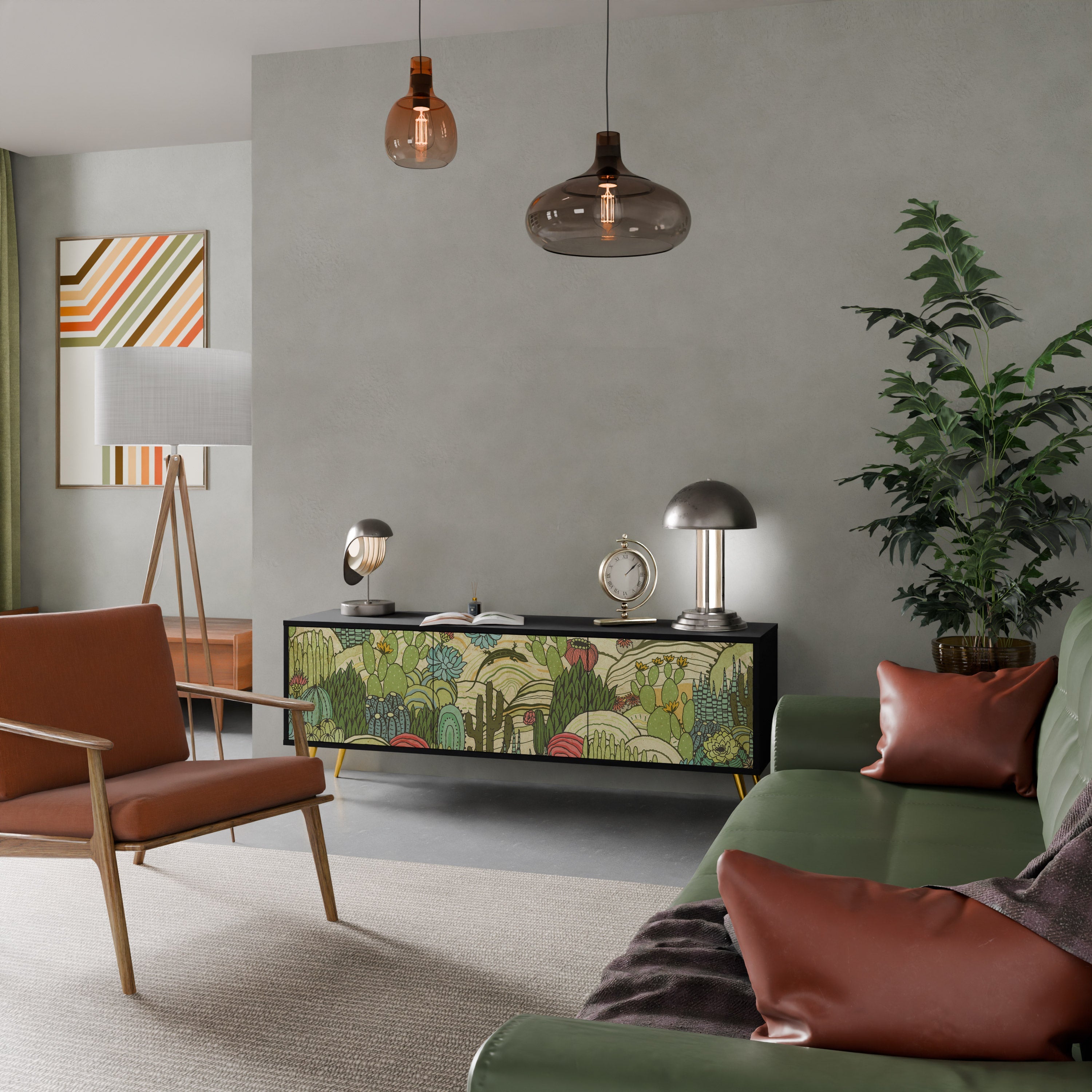 Meuble TV 3 portes SUCCULENTS KALEIDOSCOPE finition noire