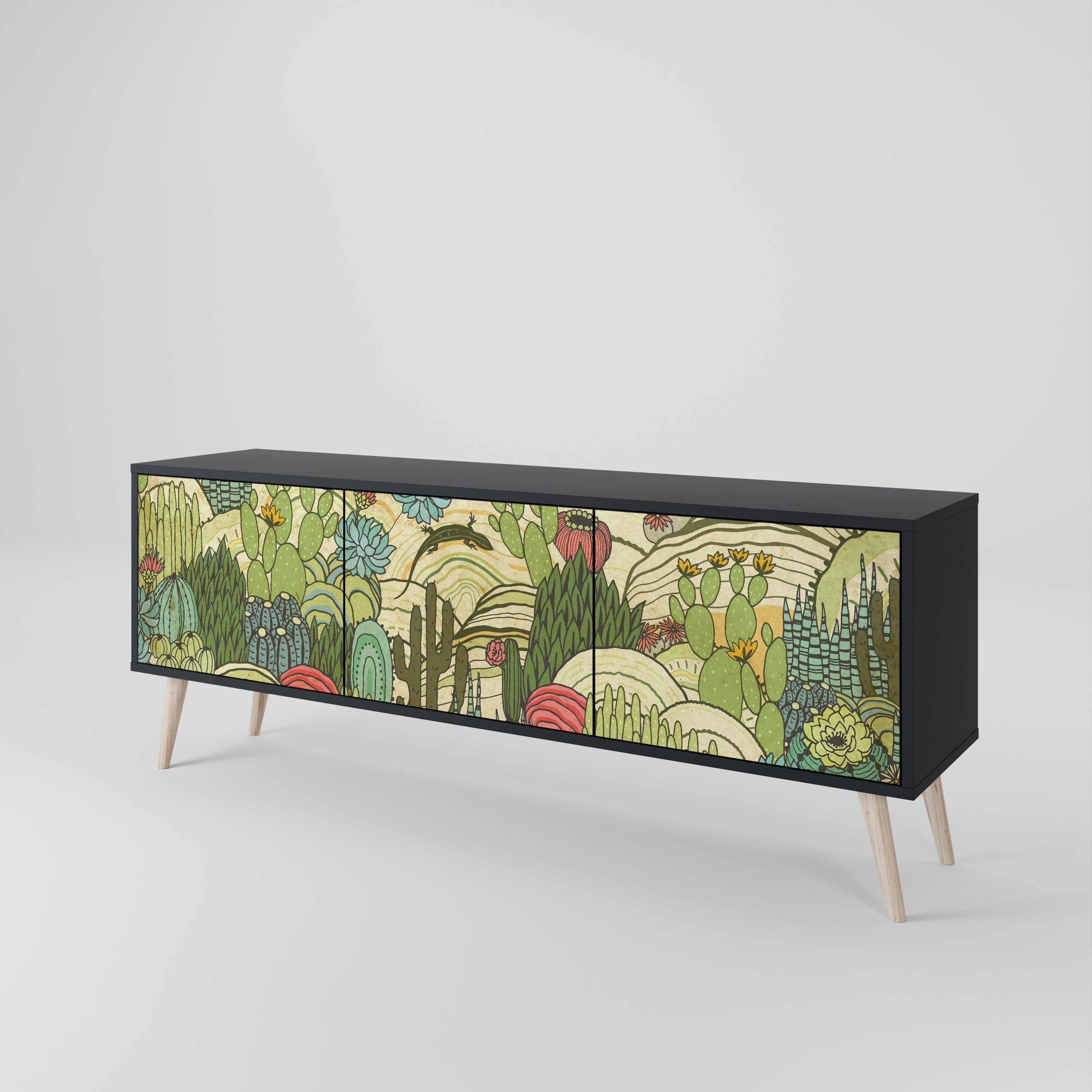 Meuble TV 3 portes SUCCULENTS KALEIDOSCOPE finition noire