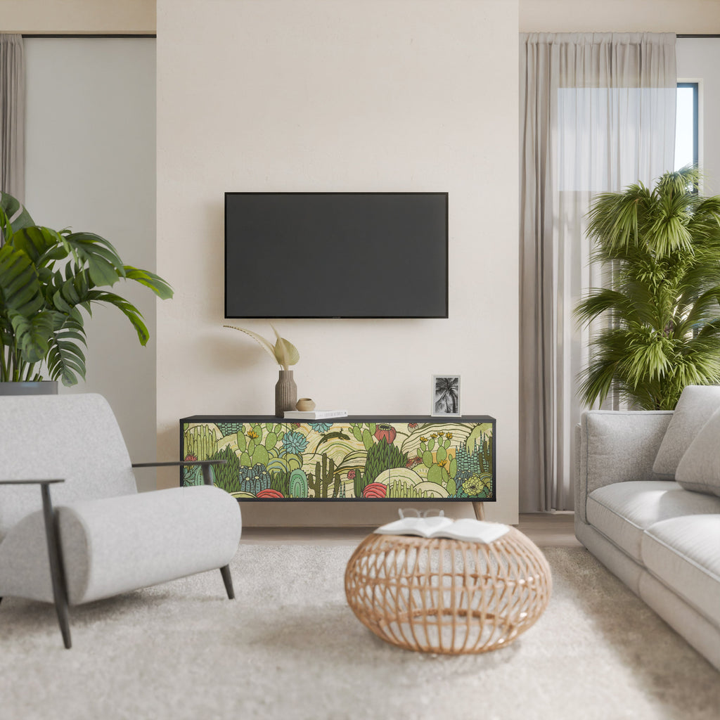 Meuble TV 3 portes SUCCULENTS KALEIDOSCOPE finition noire