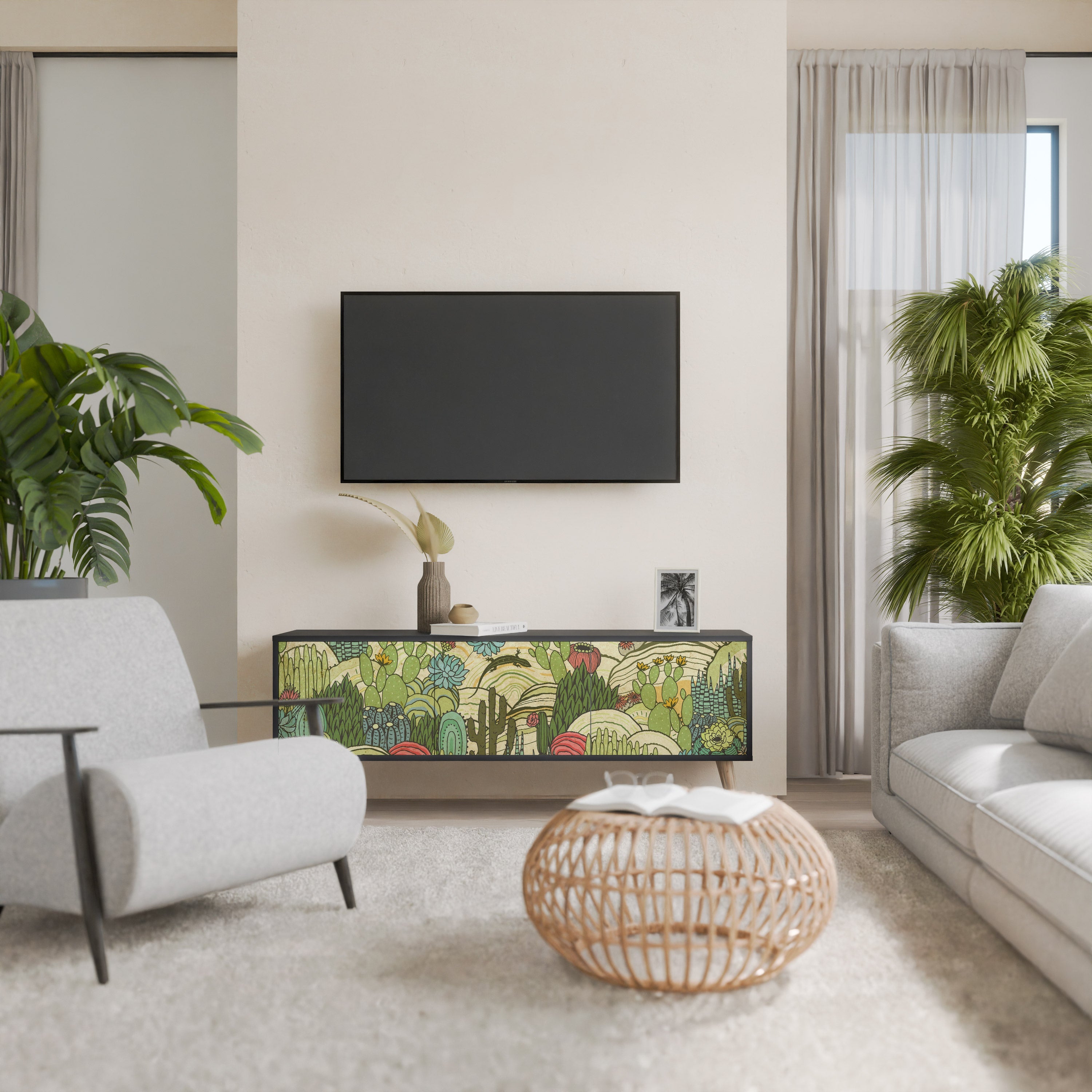 Meuble TV 3 portes SUCCULENTS KALEIDOSCOPE finition noire