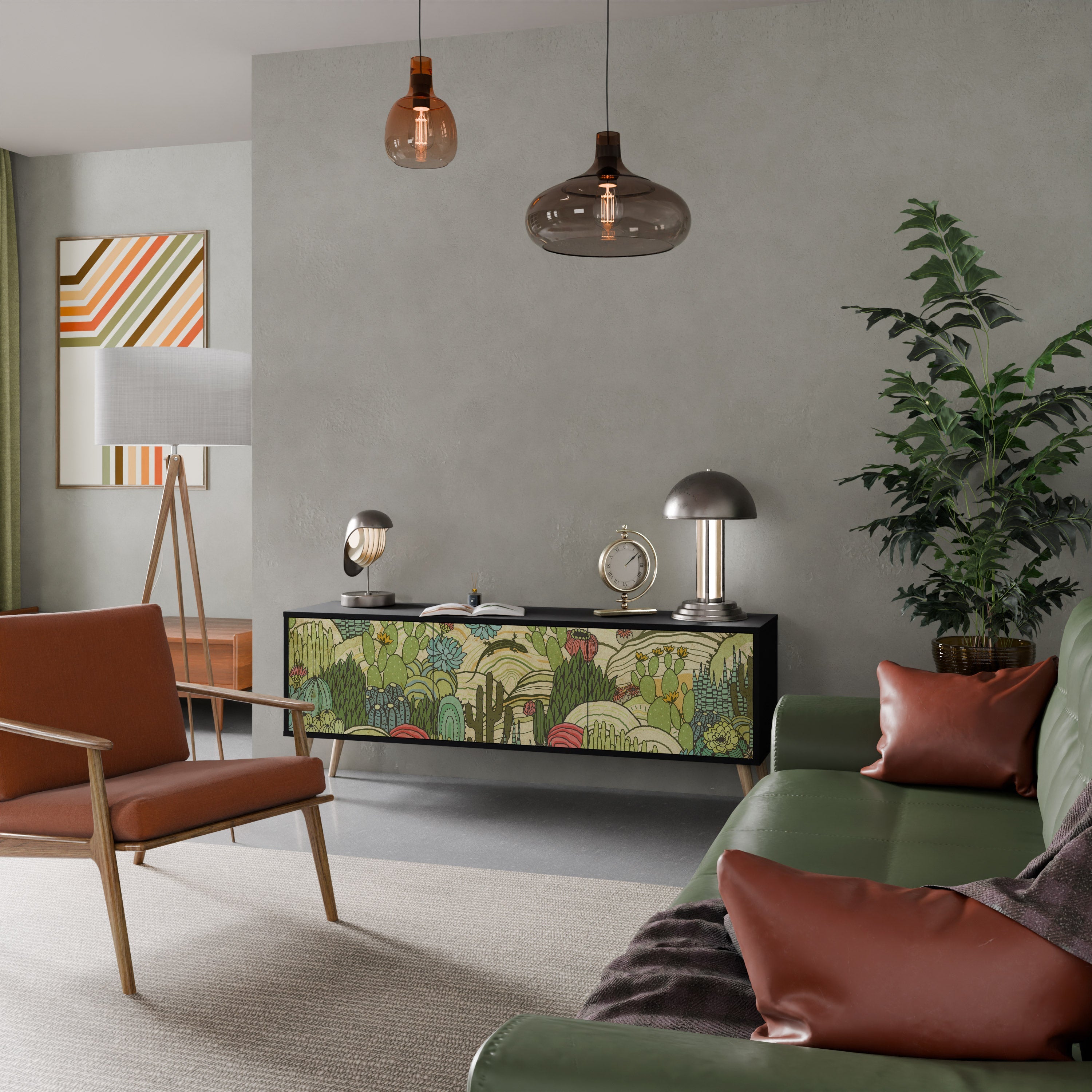 Meuble TV 3 portes SUCCULENTS KALEIDOSCOPE finition noire