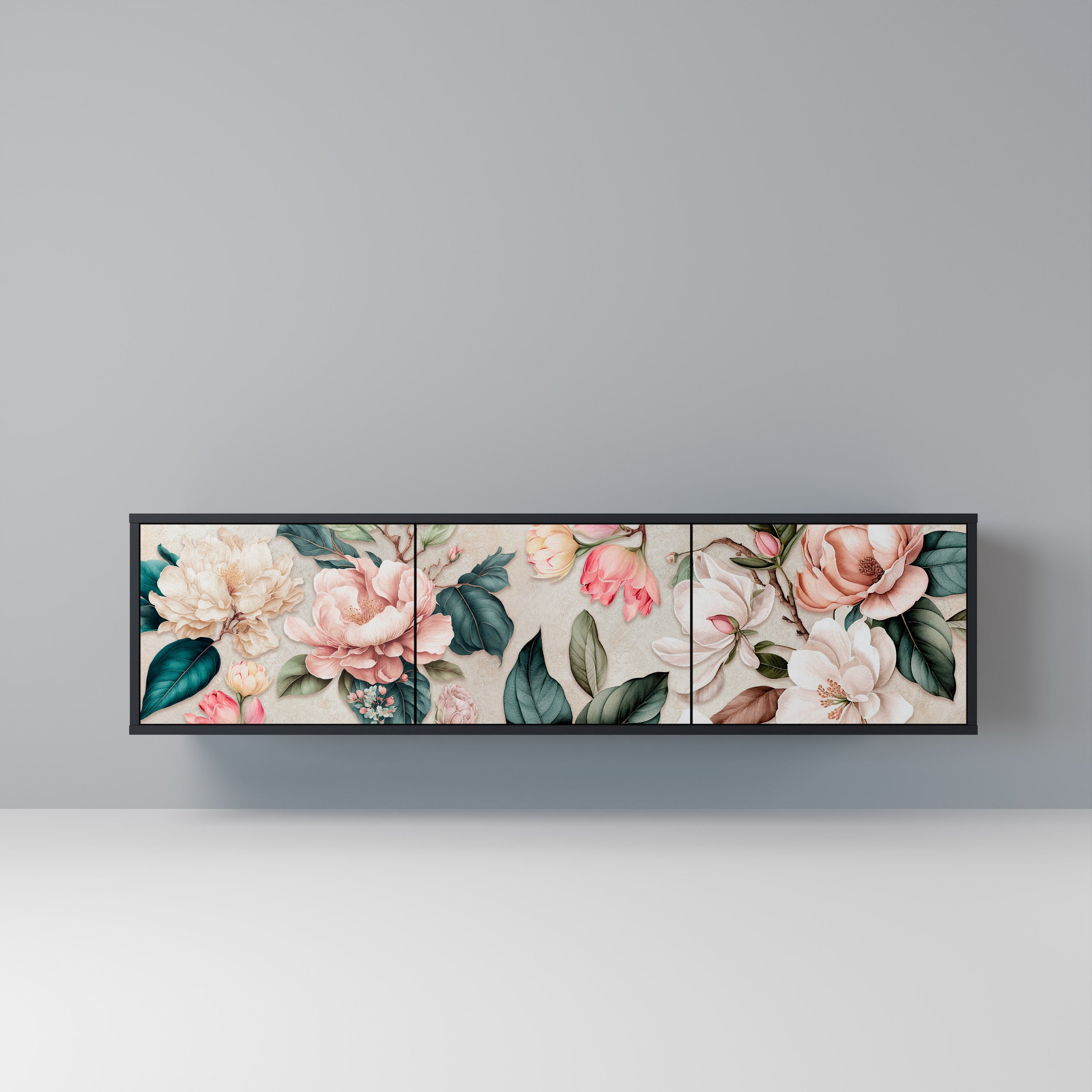 Meuble TV 3 portes FLORAL GRACE finition noire