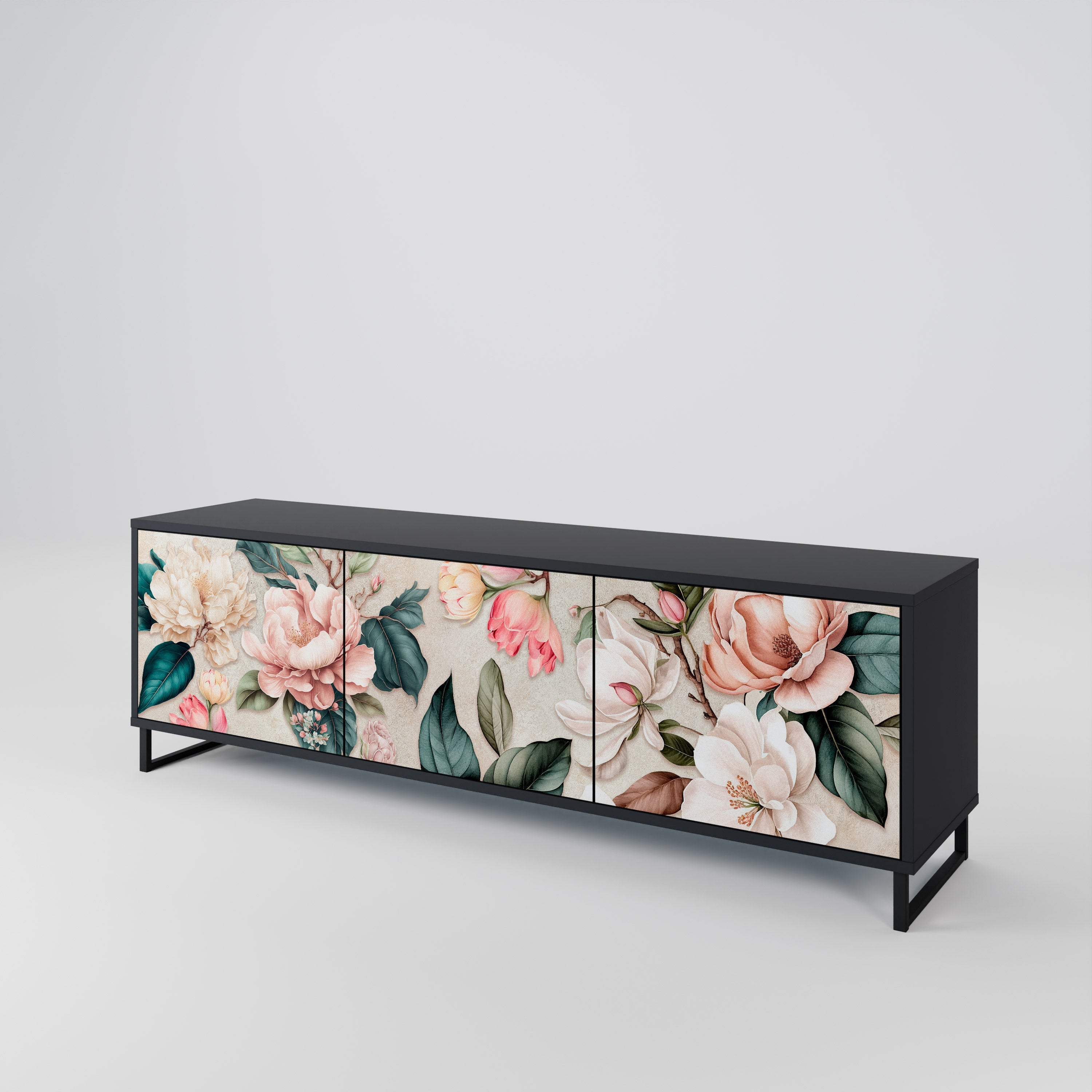 Meuble TV 3 portes FLORAL GRACE finition noire