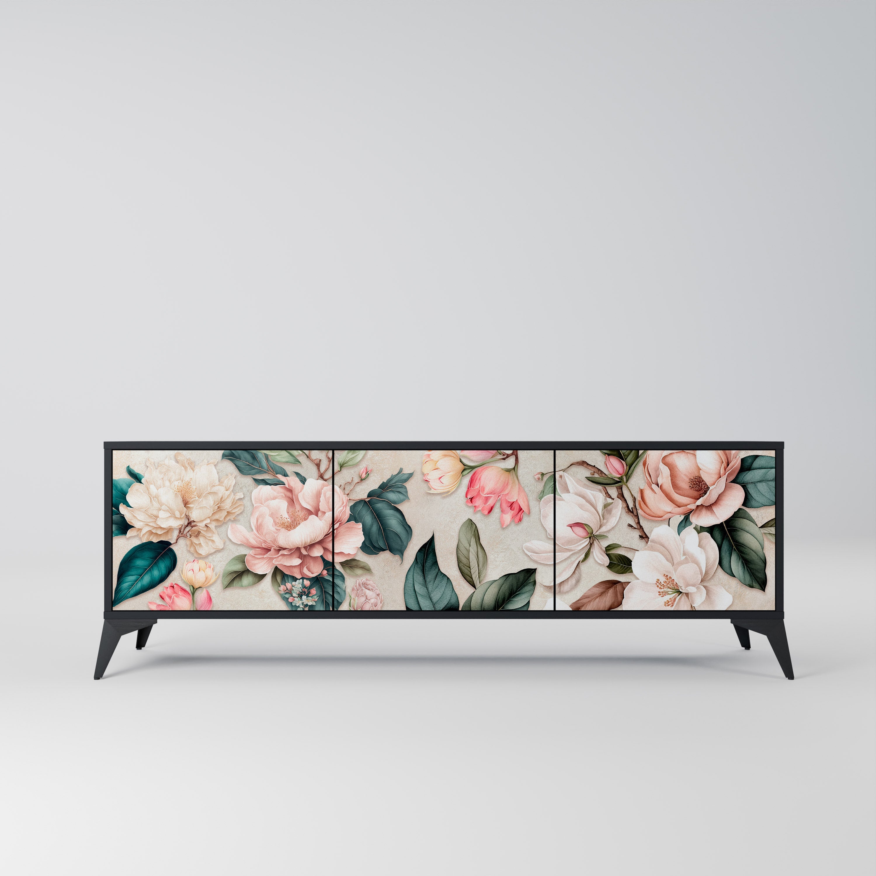 Meuble TV 3 portes FLORAL GRACE finition noire