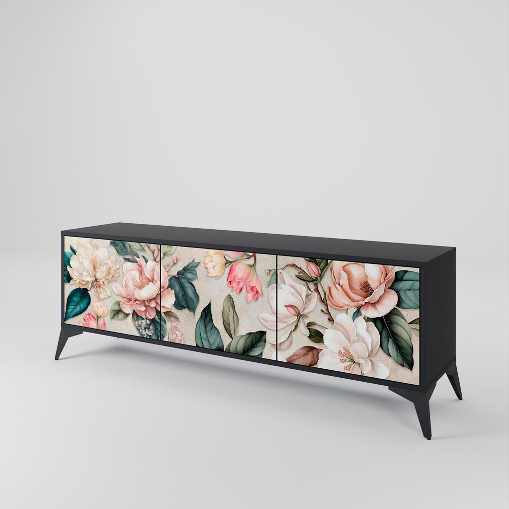 Meuble TV 3 portes FLORAL GRACE finition noire