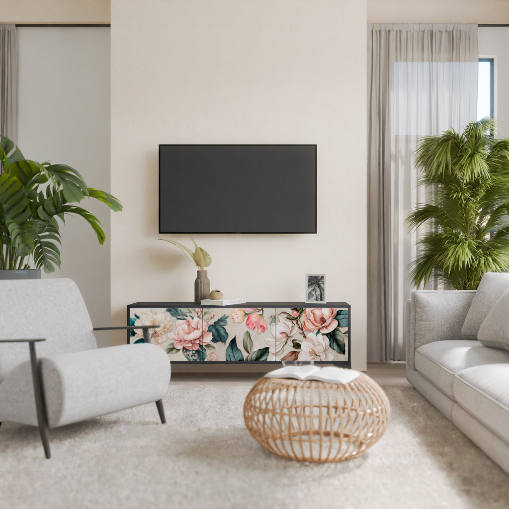 Meuble TV 3 portes FLORAL GRACE finition noire