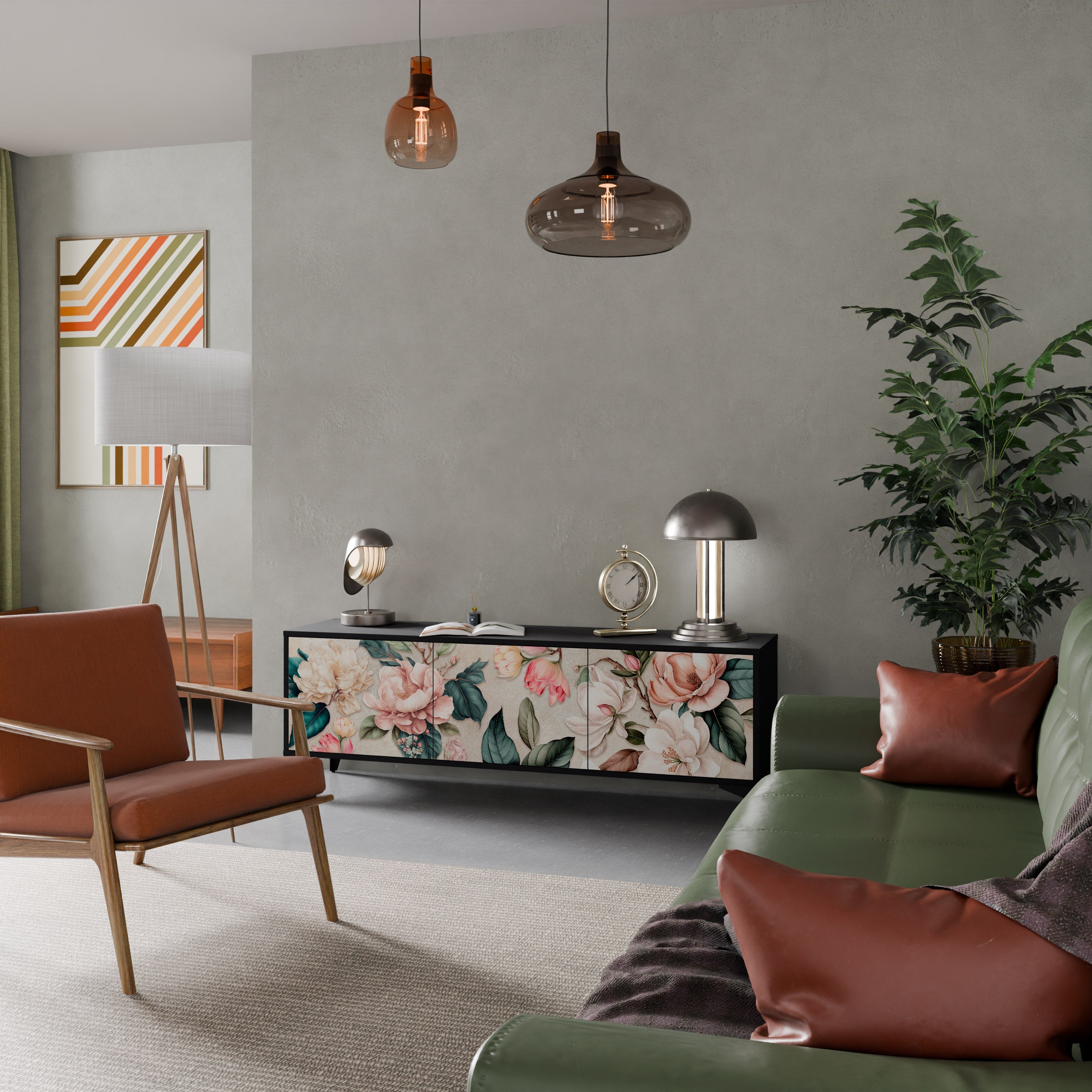 Meuble TV 3 portes FLORAL GRACE finition noire