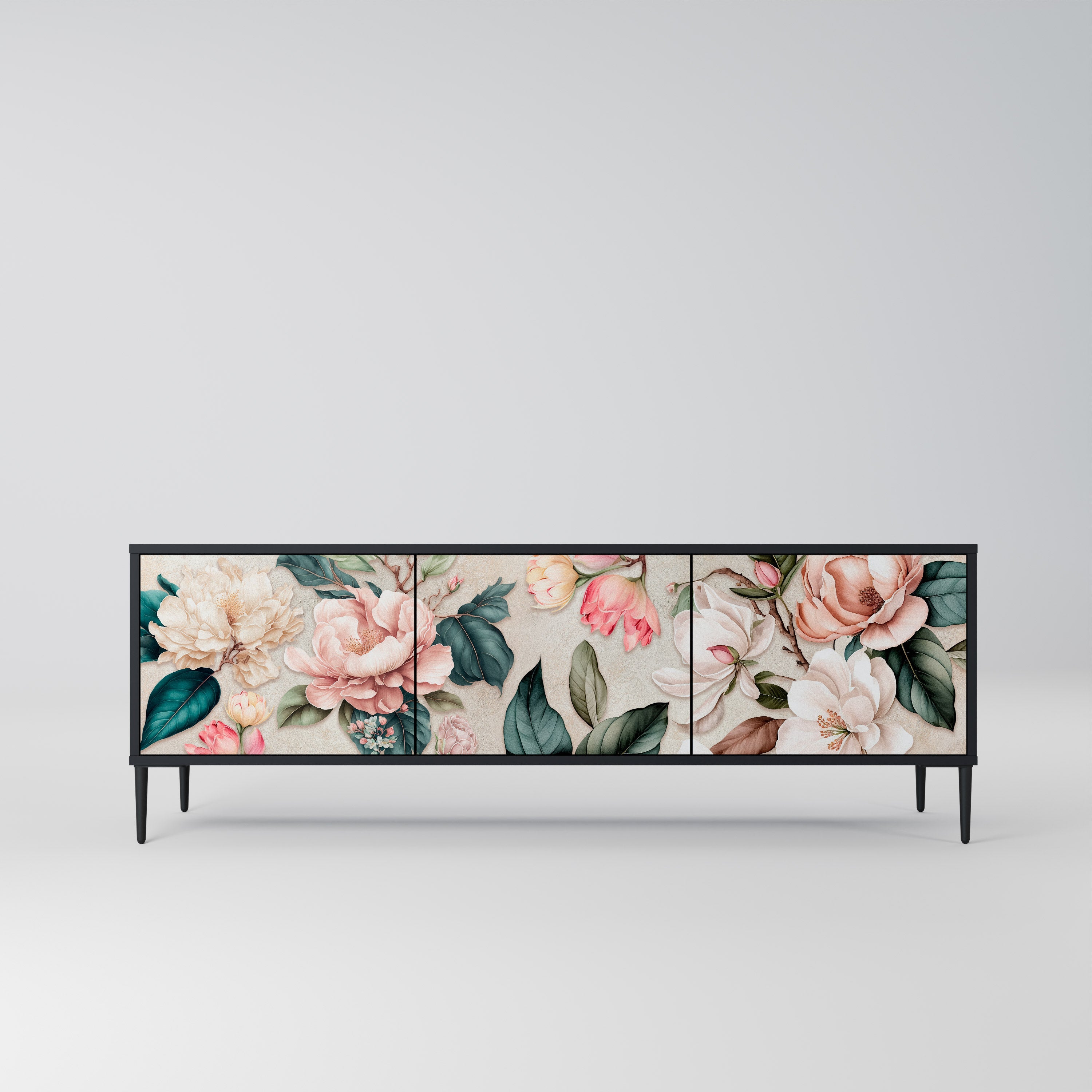 Meuble TV 3 portes FLORAL GRACE finition noire