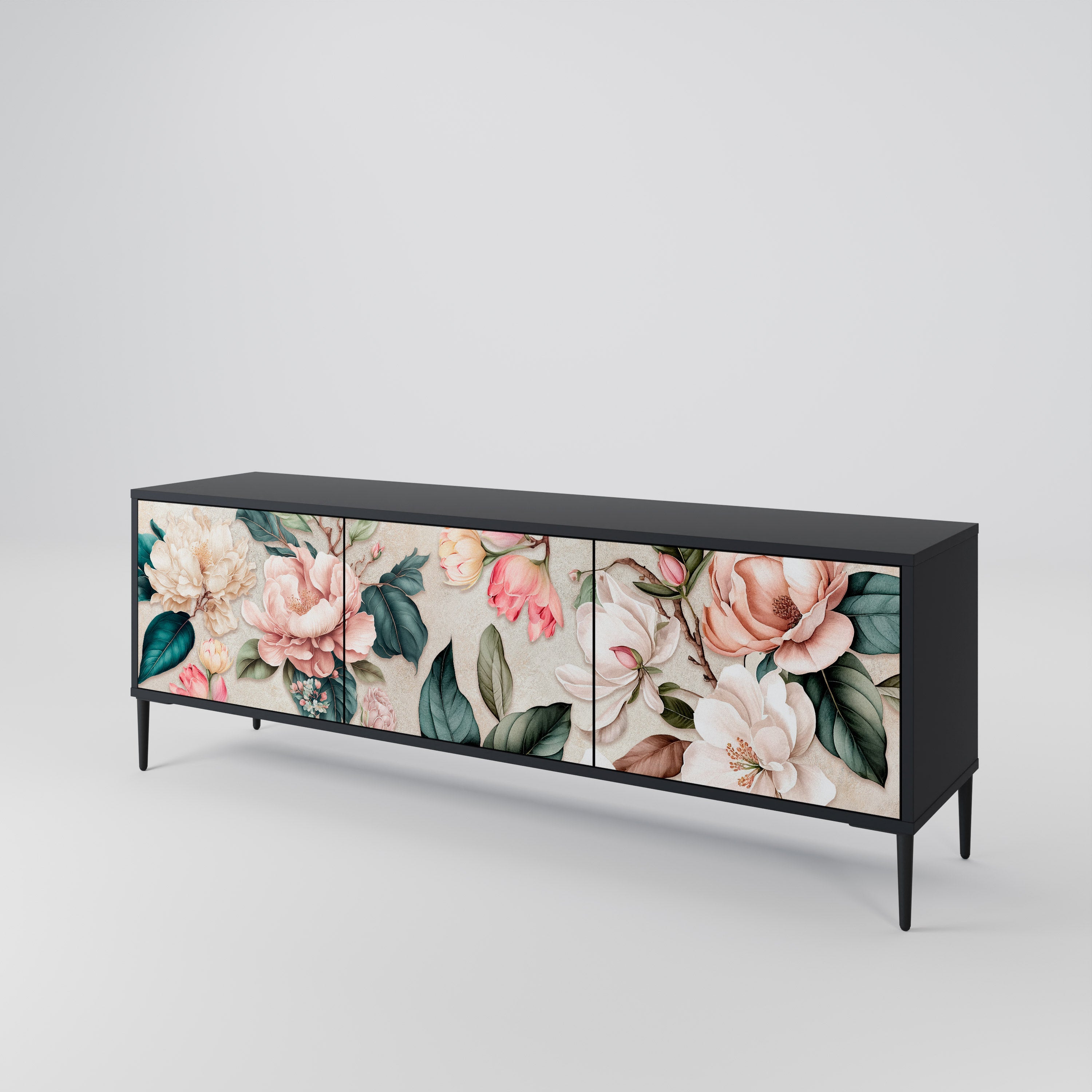 Meuble TV 3 portes FLORAL GRACE finition noire
