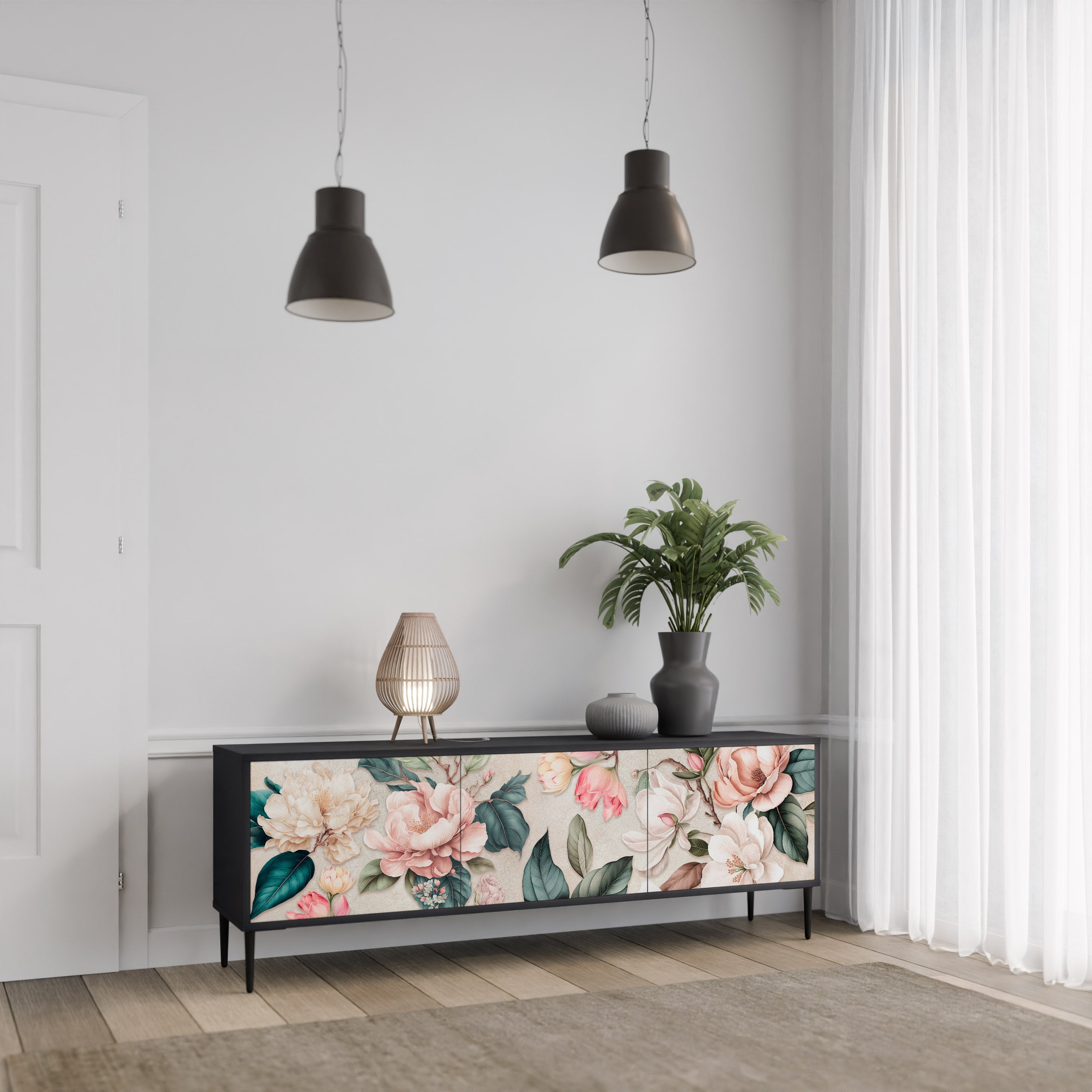 Meuble TV 3 portes FLORAL GRACE finition noire