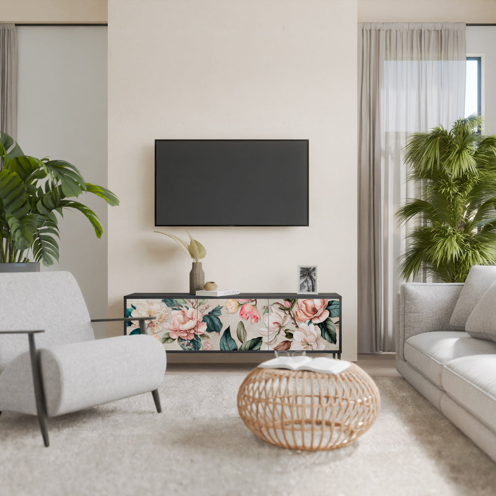 Meuble TV 3 portes FLORAL GRACE finition noire