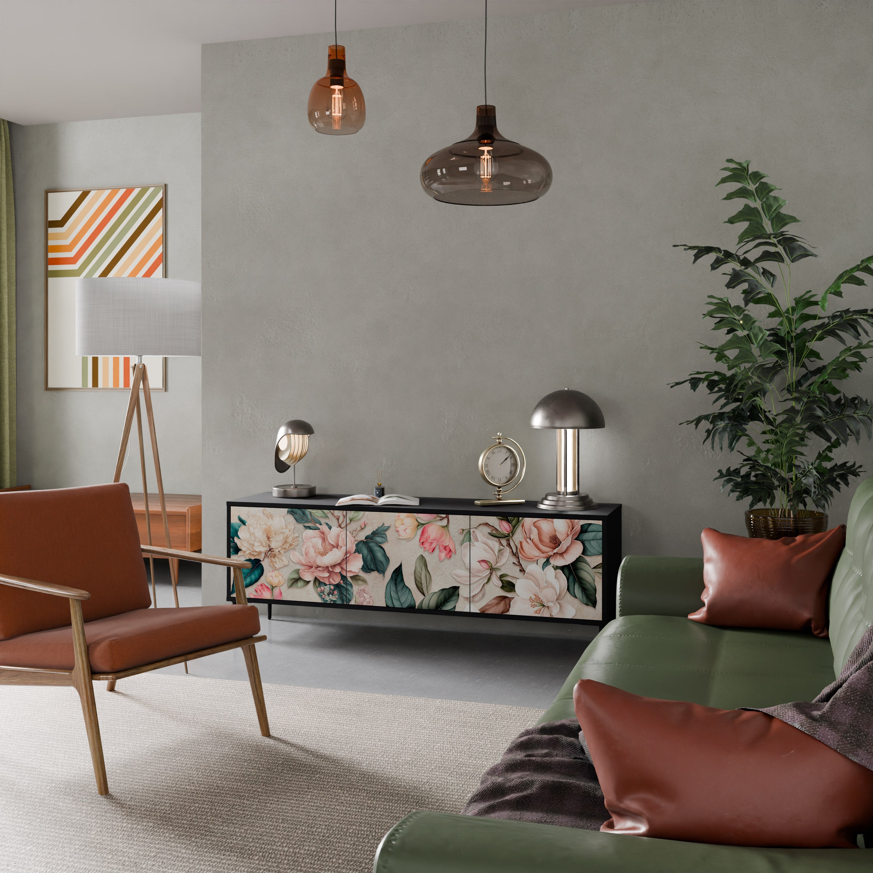 Meuble TV 3 portes FLORAL GRACE finition noire