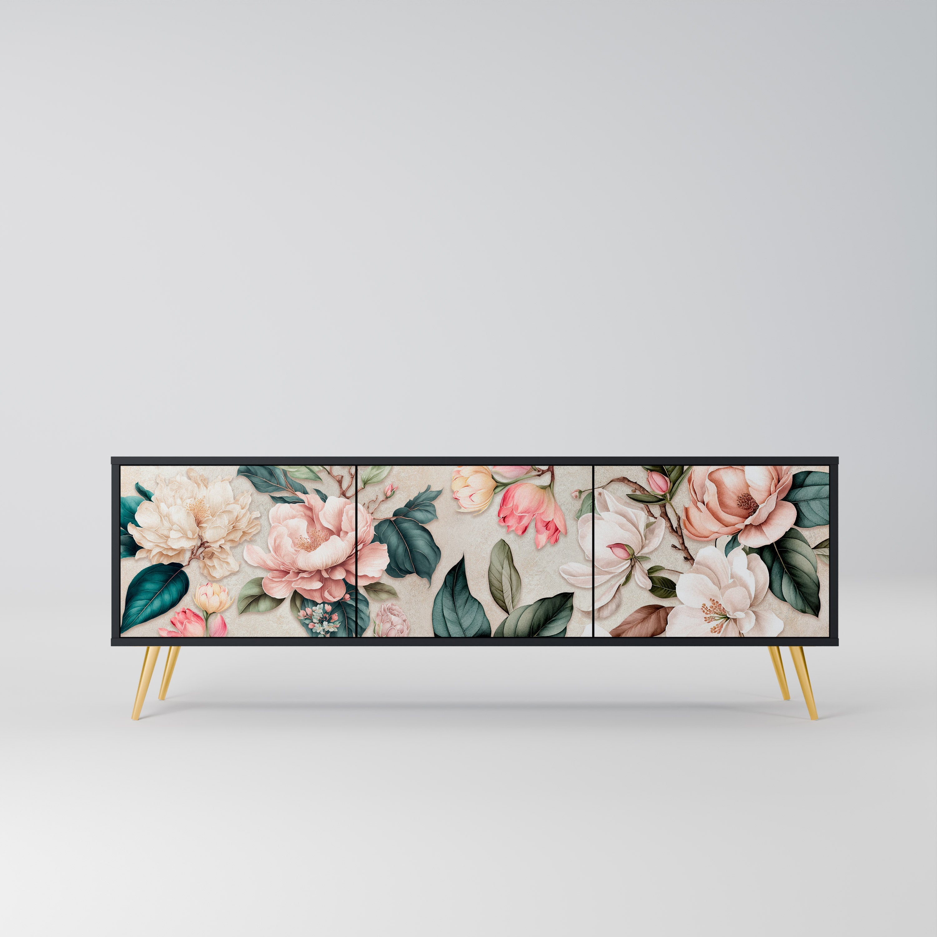 Meuble TV 3 portes FLORAL GRACE finition noire