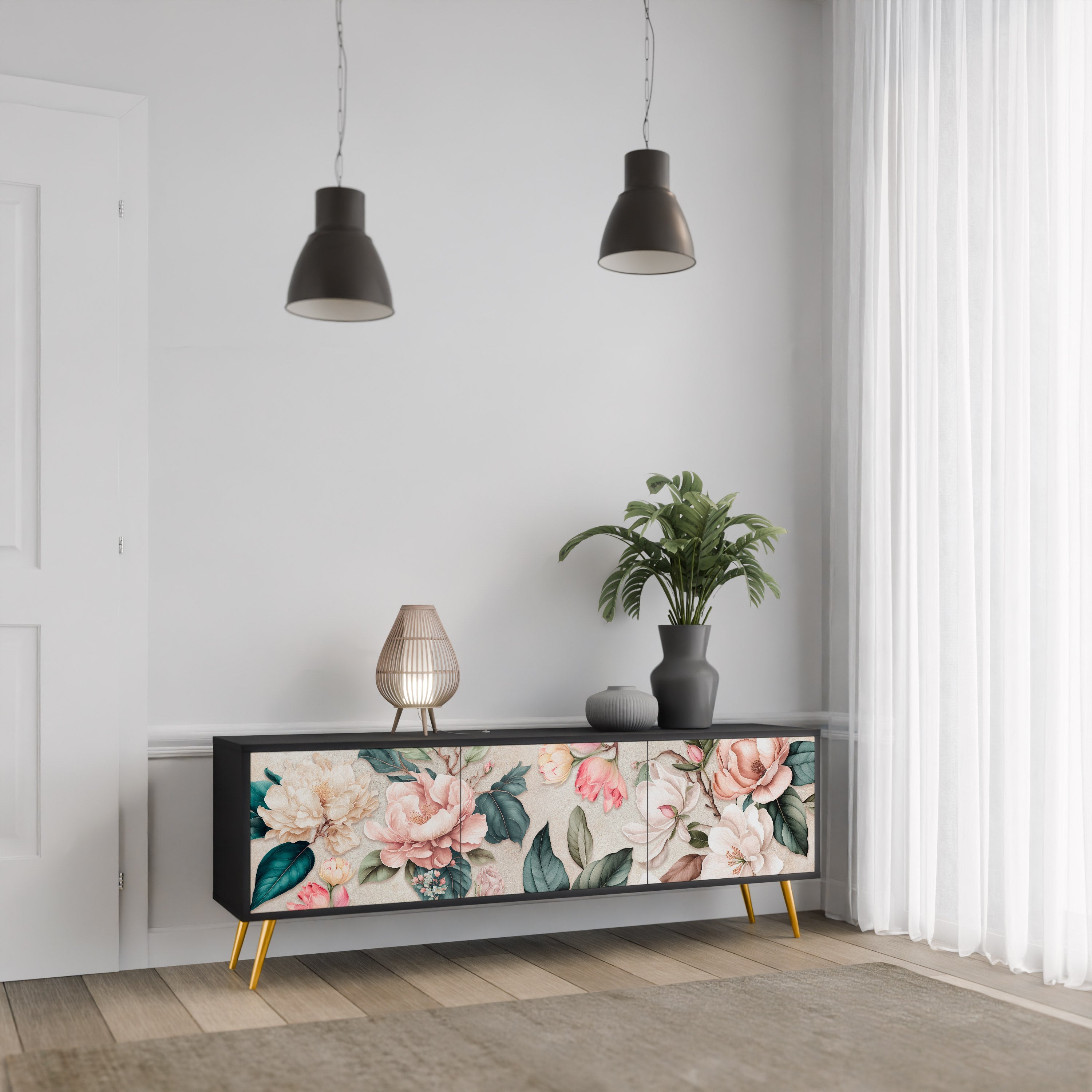 Meuble TV 3 portes FLORAL GRACE finition noire