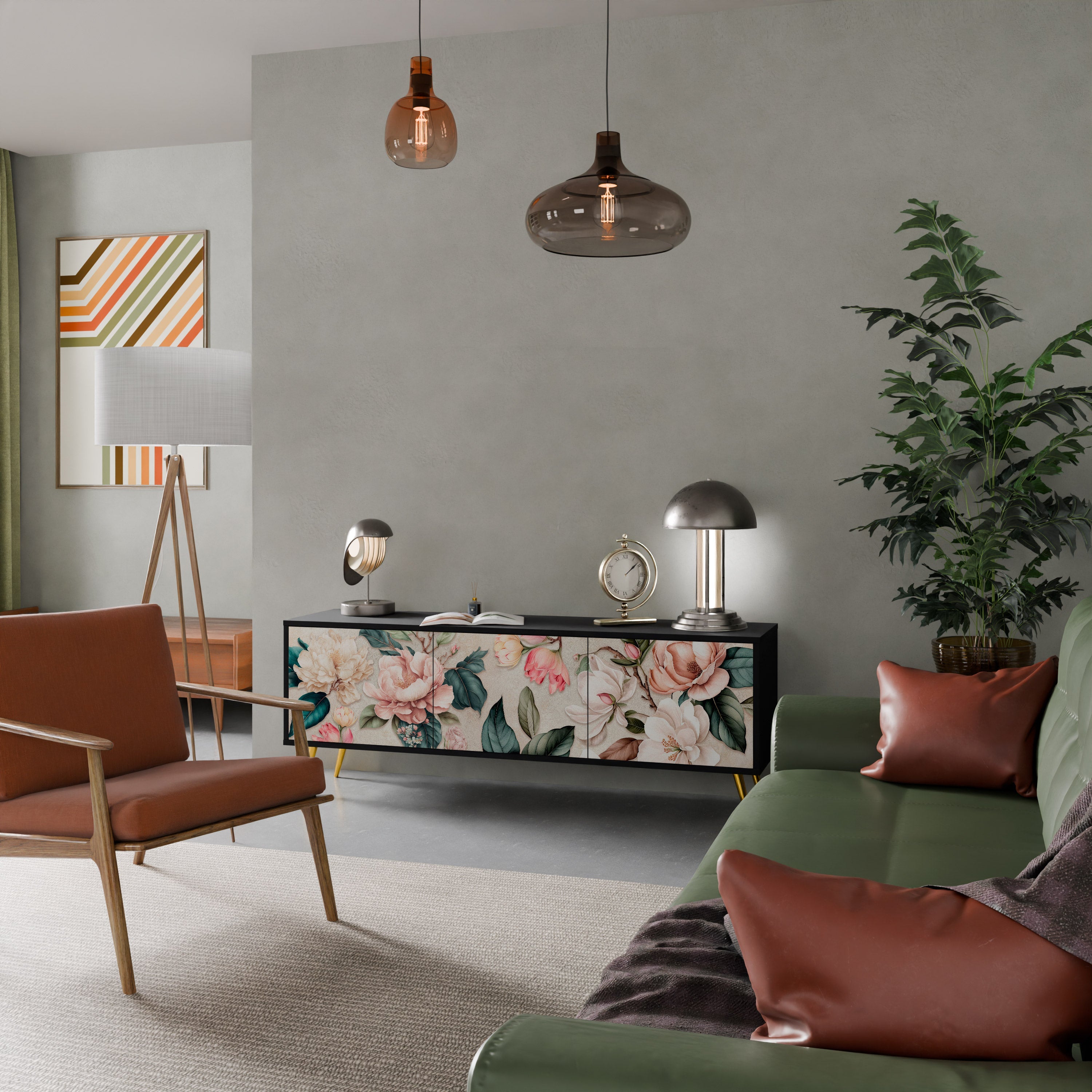 Meuble TV 3 portes FLORAL GRACE finition noire